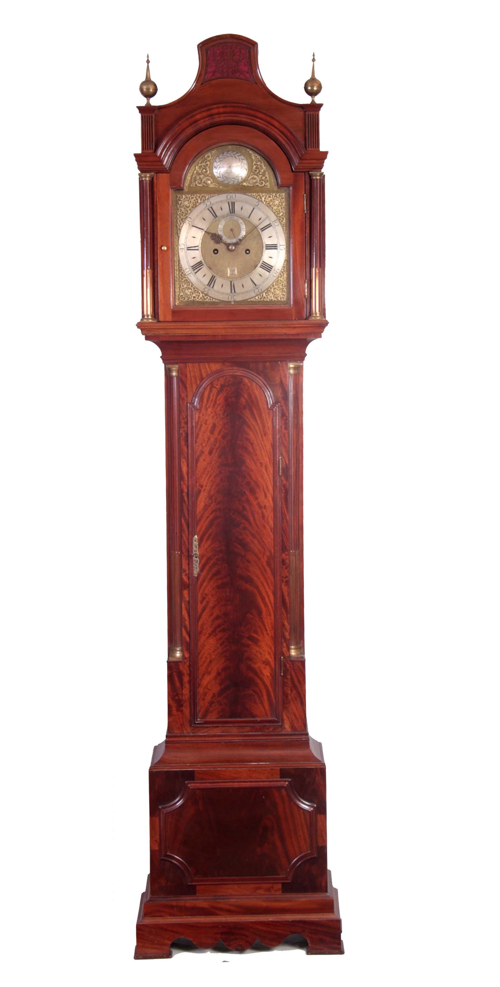 JOHN BURGES, GOSPORT A MID 18TH CENTURY LONGCASE: JOHN BURGES, GOSPORT A MID 18TH CENTURY LONGCASE CLOCK IN LATER MAHOGANY CASE the modern case having a pagoda top above a glazed door with reeded columns on slender trunk with matching columns and mou