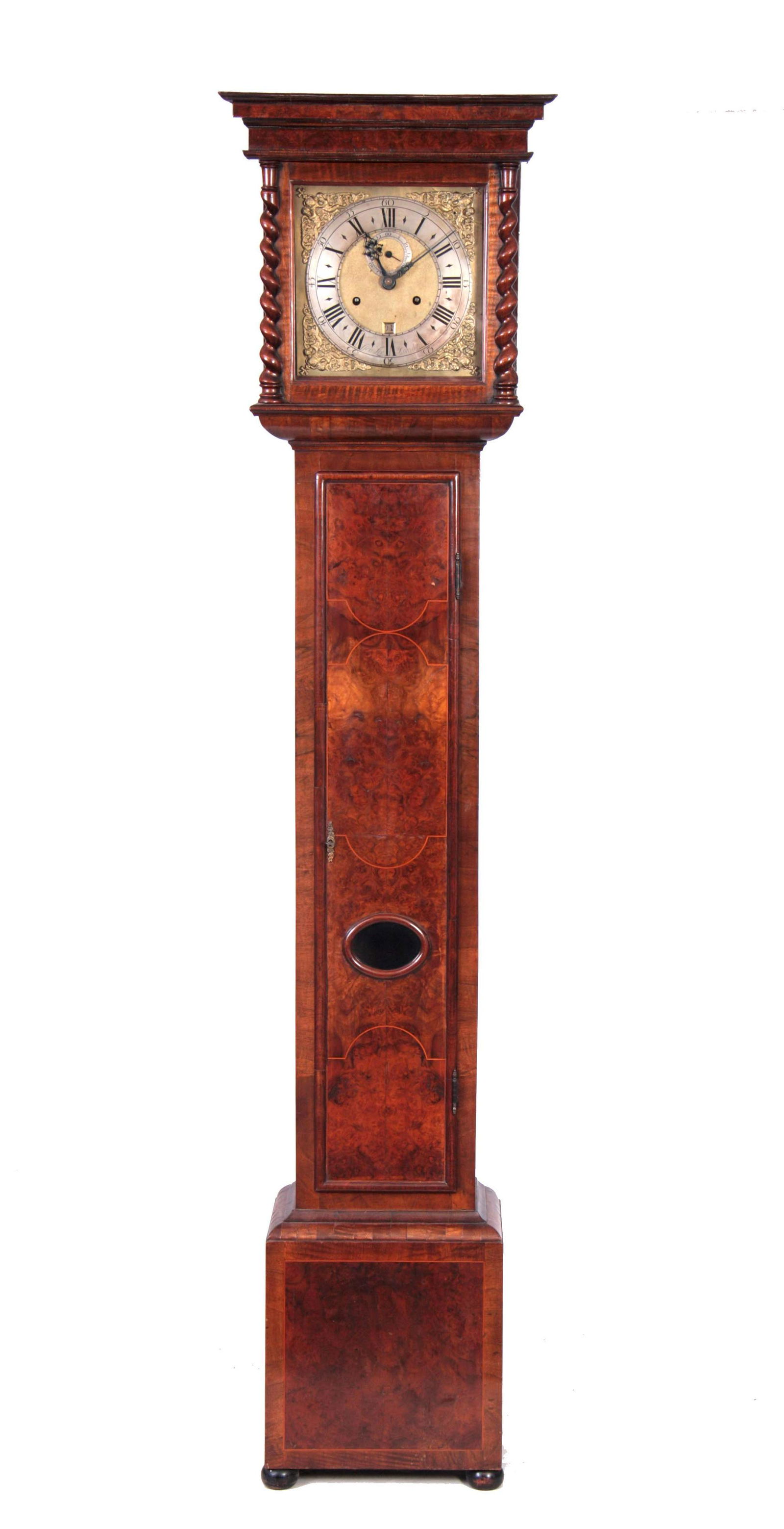 GEORGE LEE, LONDON A LATE 17TH CENTURY 10" LONGCA: GEORGE LEE, LONDON A LATE 17TH CENTURY 10" LONGCASE CLOCK MOVEMENT IN LATER WALNUT CASE the burr walnut panelled case with barley twist columns above a slender trunk with moulded edge door and lenticl
