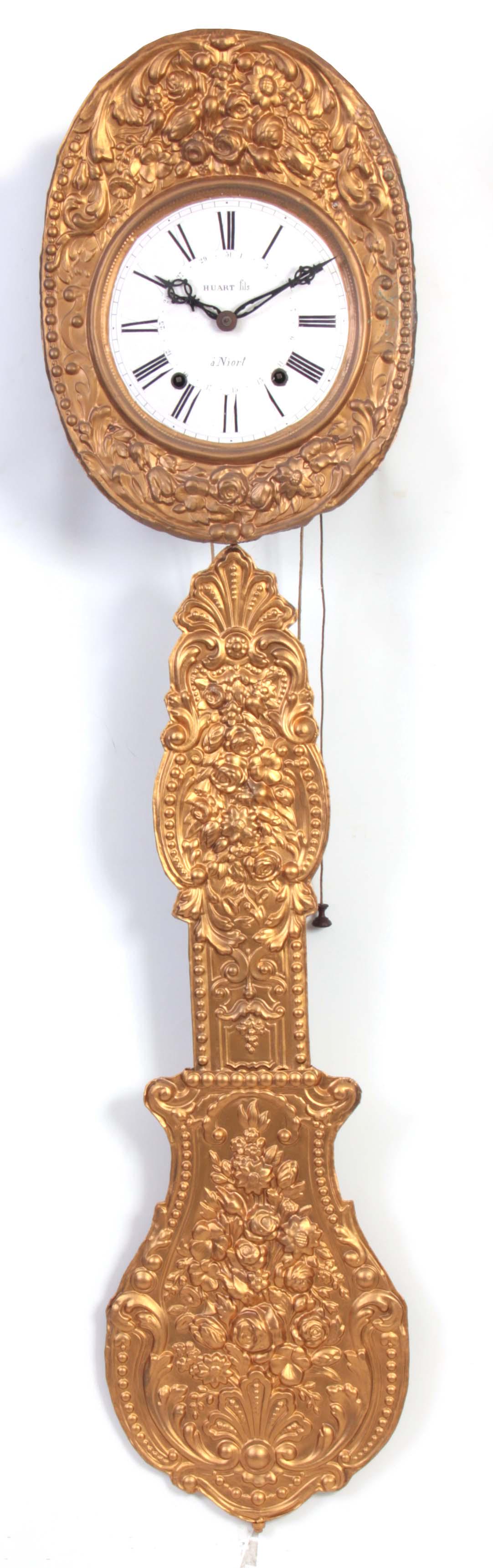 HUART FILS, A NIORT A FRENCH COMPTOISE WEIGHT DRIV: HUART FILS, A NIORT A FRENCH COMPTOISE WEIGHT DRIVEN WALL CLOCK WITH BRASS SURROUND AND CENTRE SWEEP CALENDAR with large embossed gilt pendulum 46cm high