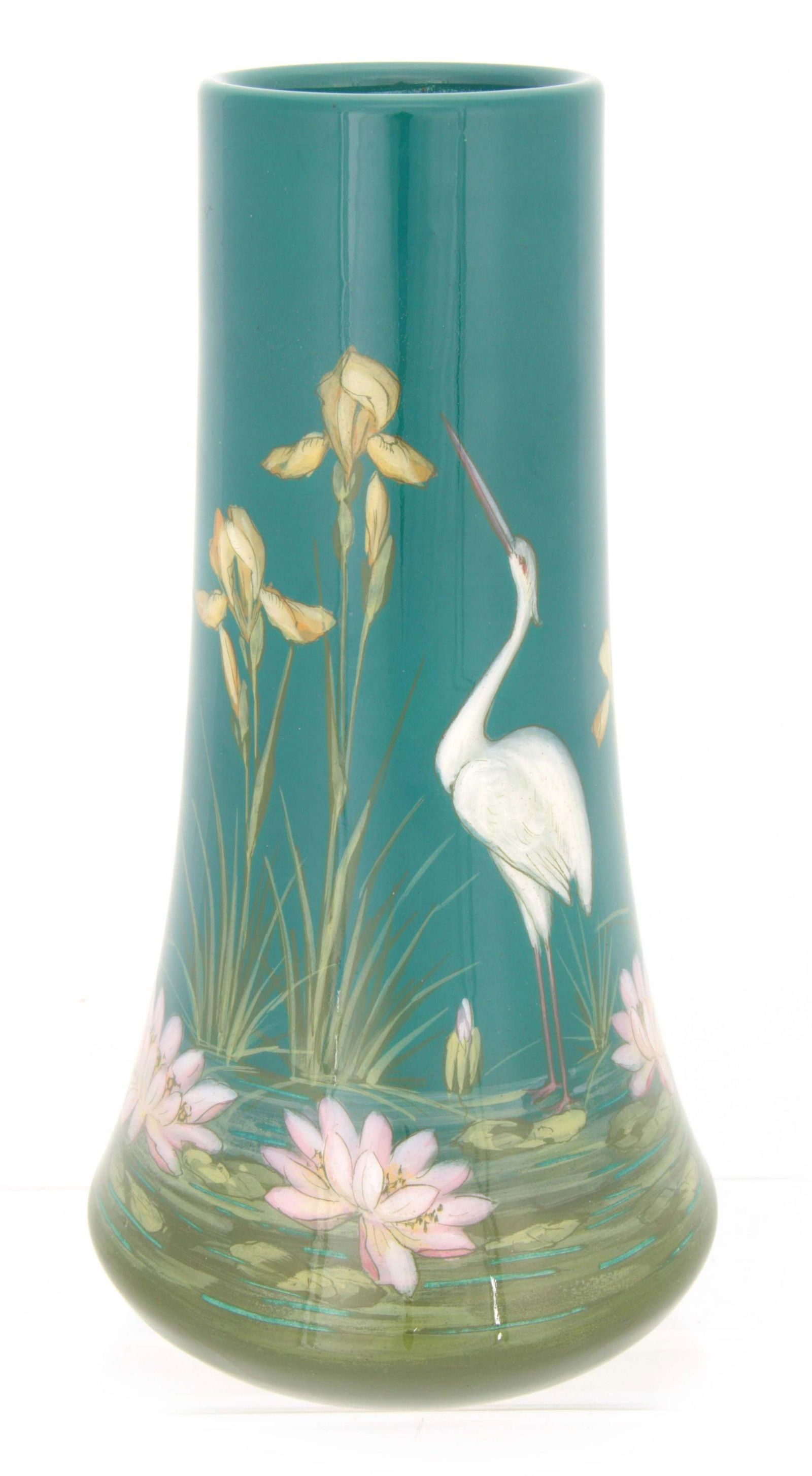 A CIRCA 1900's FRENCH JEROME MASSIER CERAMIC TAPERING: A CIRCA 1900's FRENCH JEROME MASSIER CERAMIC TAPERING VASE with stork and iris decoration on a lily pad ground 25.5cm high