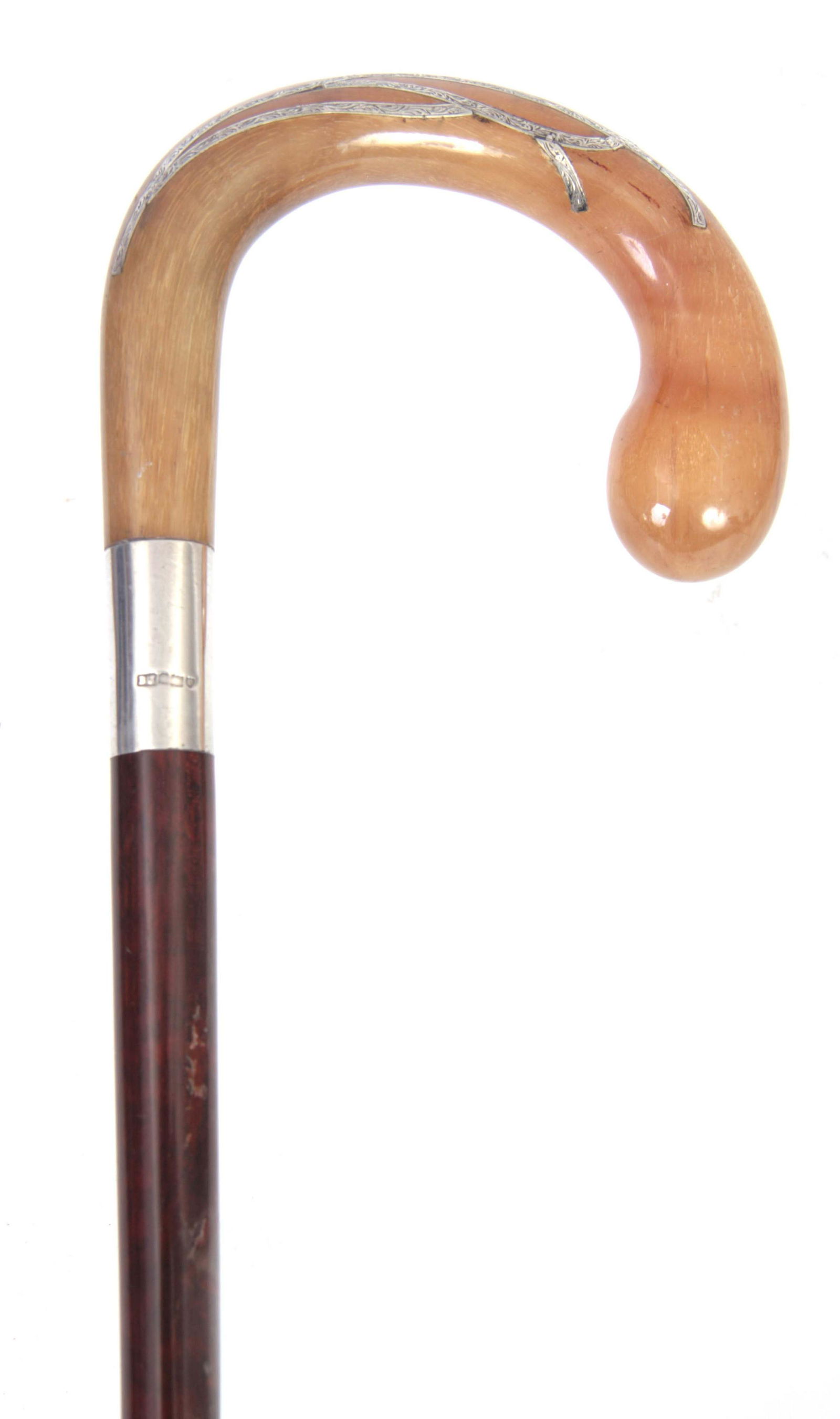 A 19TH CENTURY MAHOGANY AND SILVER INLAID RHINO HORN (1 of 1)