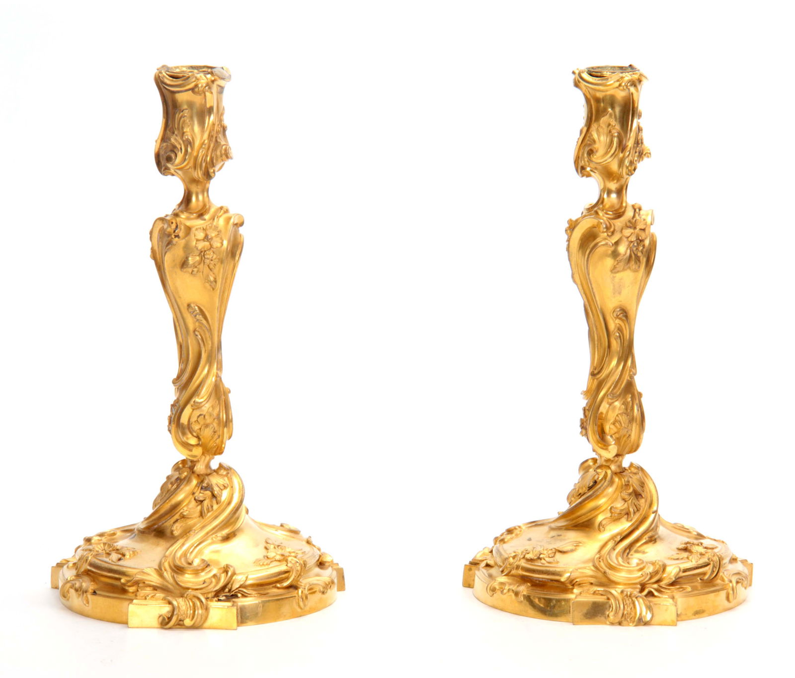 A PAIR OF 18TH CENTURY GILT BRASS ROCOCO CANDLESTICKS (1 of 1)