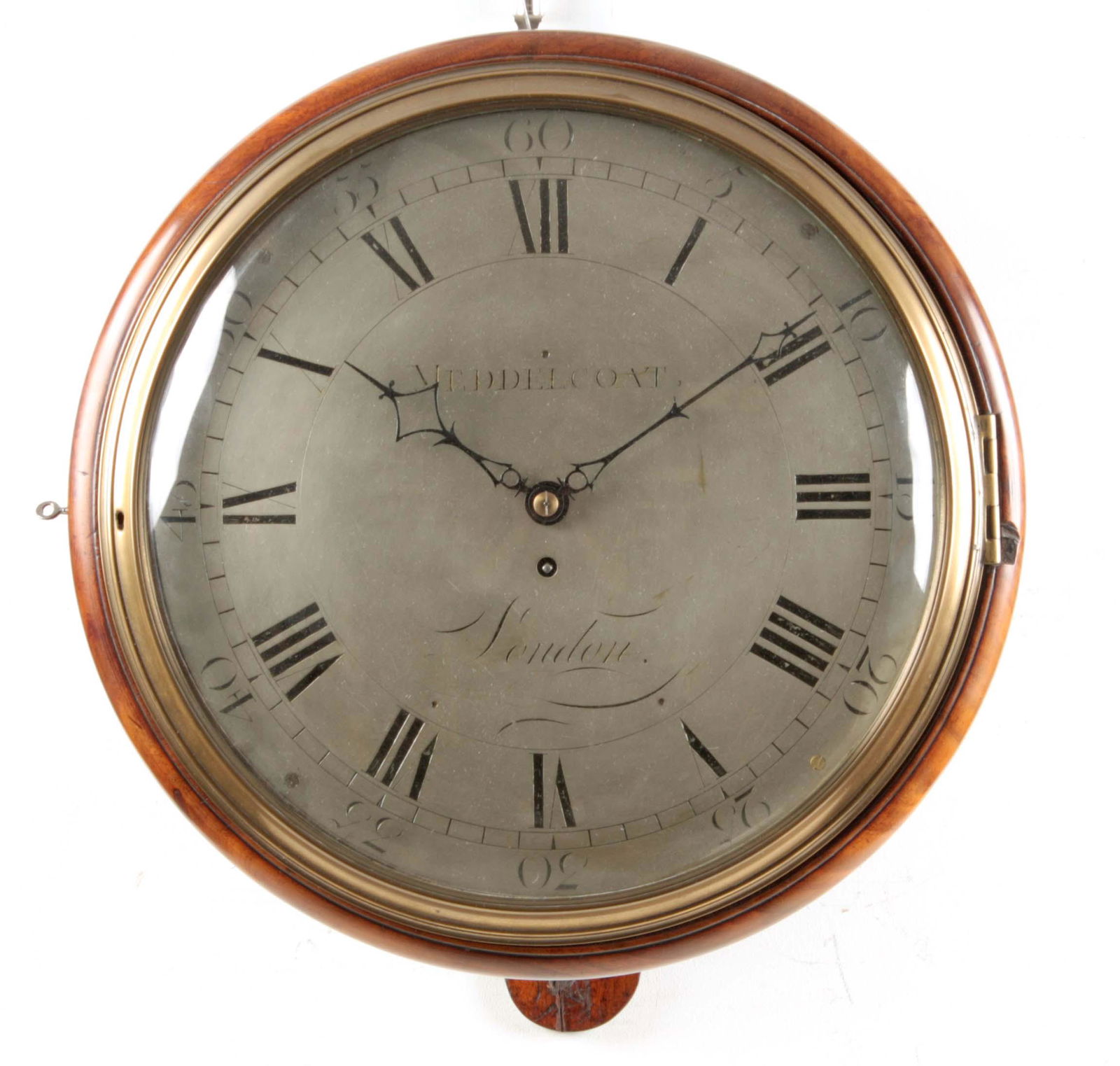 MEDDELCOAT, LONDON A GEORGE III MAHOGANY WALL HANGING: MEDDELCOAT, LONDON A GEORGE III MAHOGANY WALL HANGING DIAL CLOCK OF LARGE SIZE the 14'' engraved silvered dial with Roman chapter ring and Arabic outer markings enclosing a signed centre fronting an A