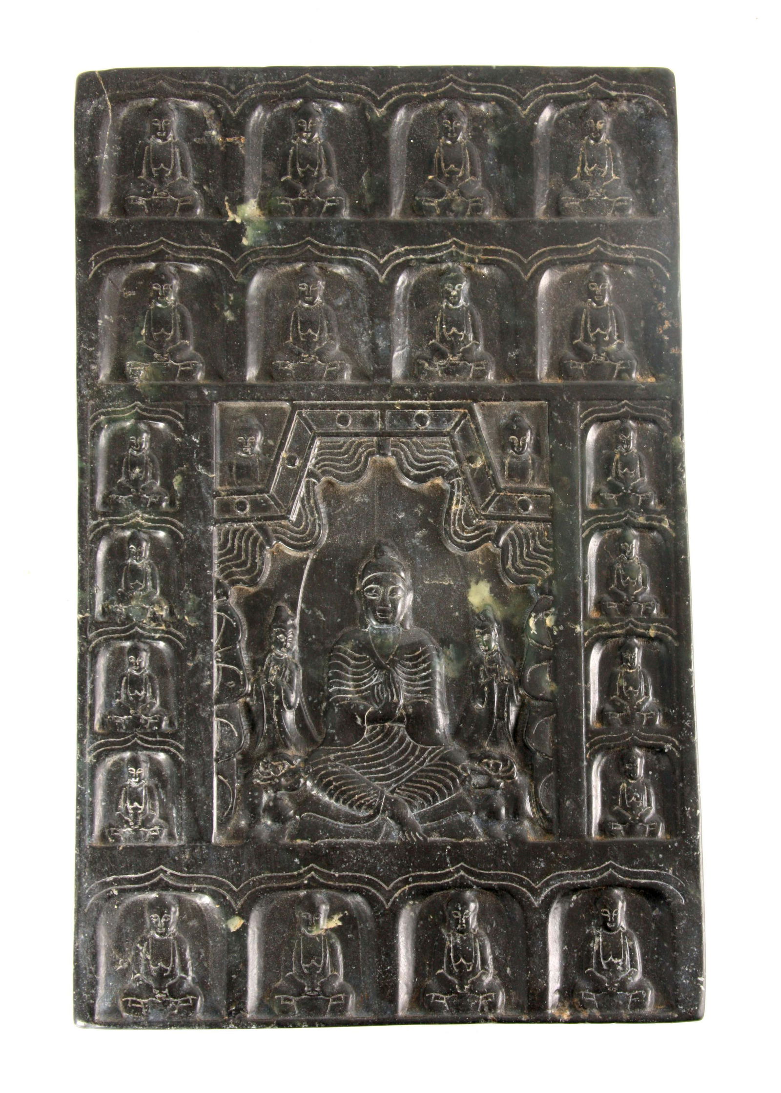 A LARGE CHINESE CARVED DARK GREEN JADE TABLET with (1 of 1)