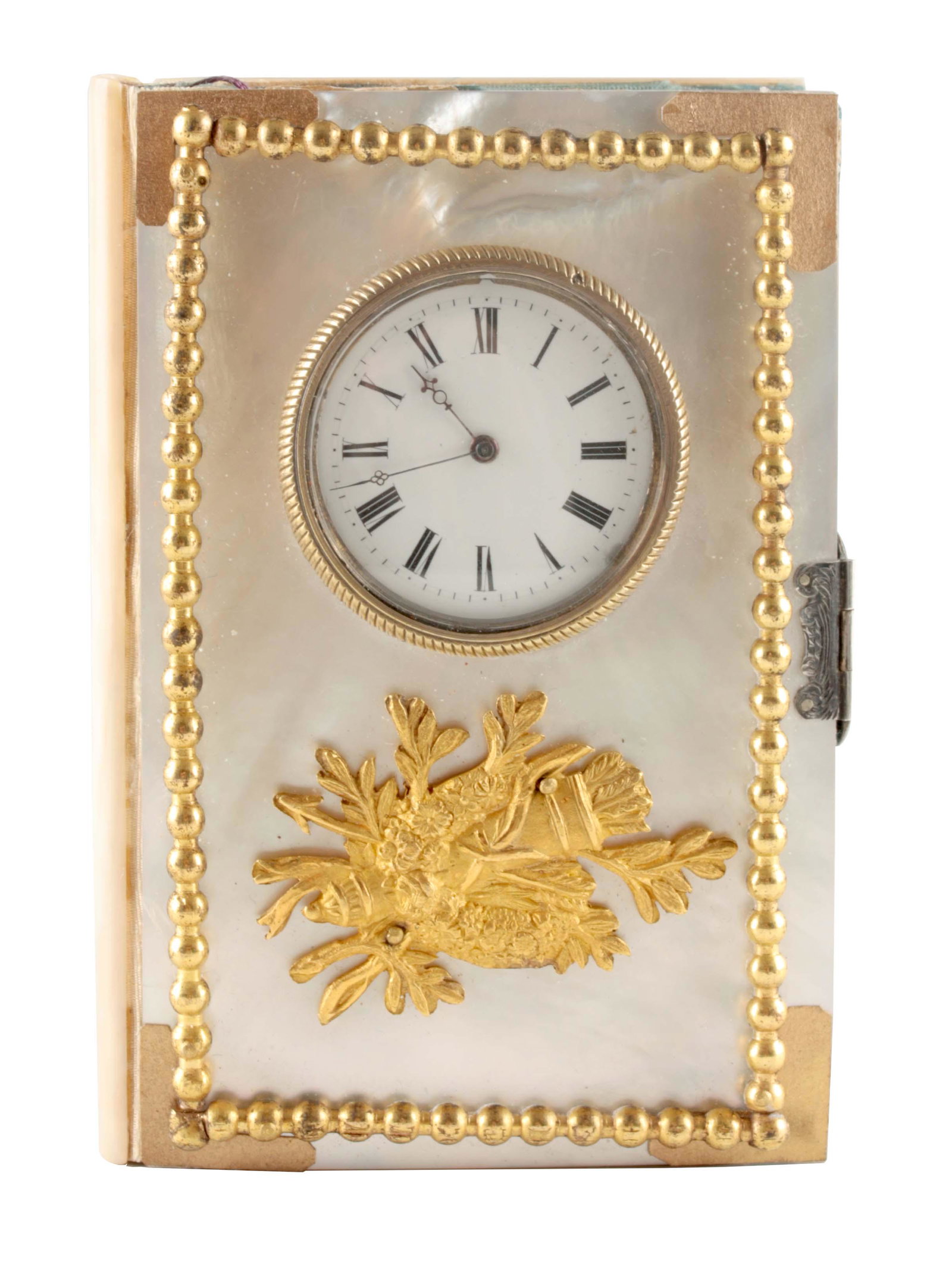 A LATE 19TH CENTURY FRENCH MOTHER OF PEARL SILVER AND: A LATE 19TH CENTURY FRENCH MOTHER OF PEARL SILVER AND ORMOLU MOUNTED NOTEBOOK with inset watch 10cm high, 7cm wide