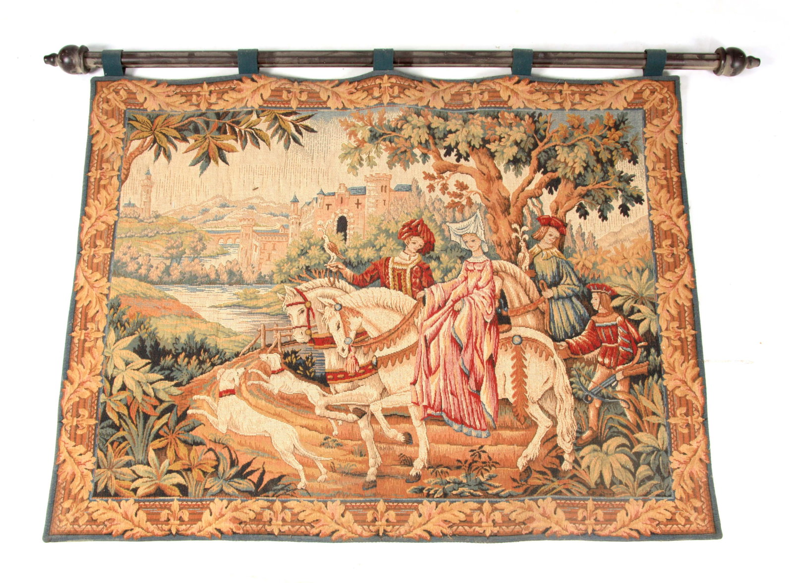 A FRENCH "THE ROYAL HUNT TAPESTRY" by Marc Waymel -: A FRENCH "THE ROYAL HUNT TAPESTRY" by Marc Waymel - created exclusively for The Franklin Mint, mounted on a hanging pole, 91.5cm high, 119cm wide.