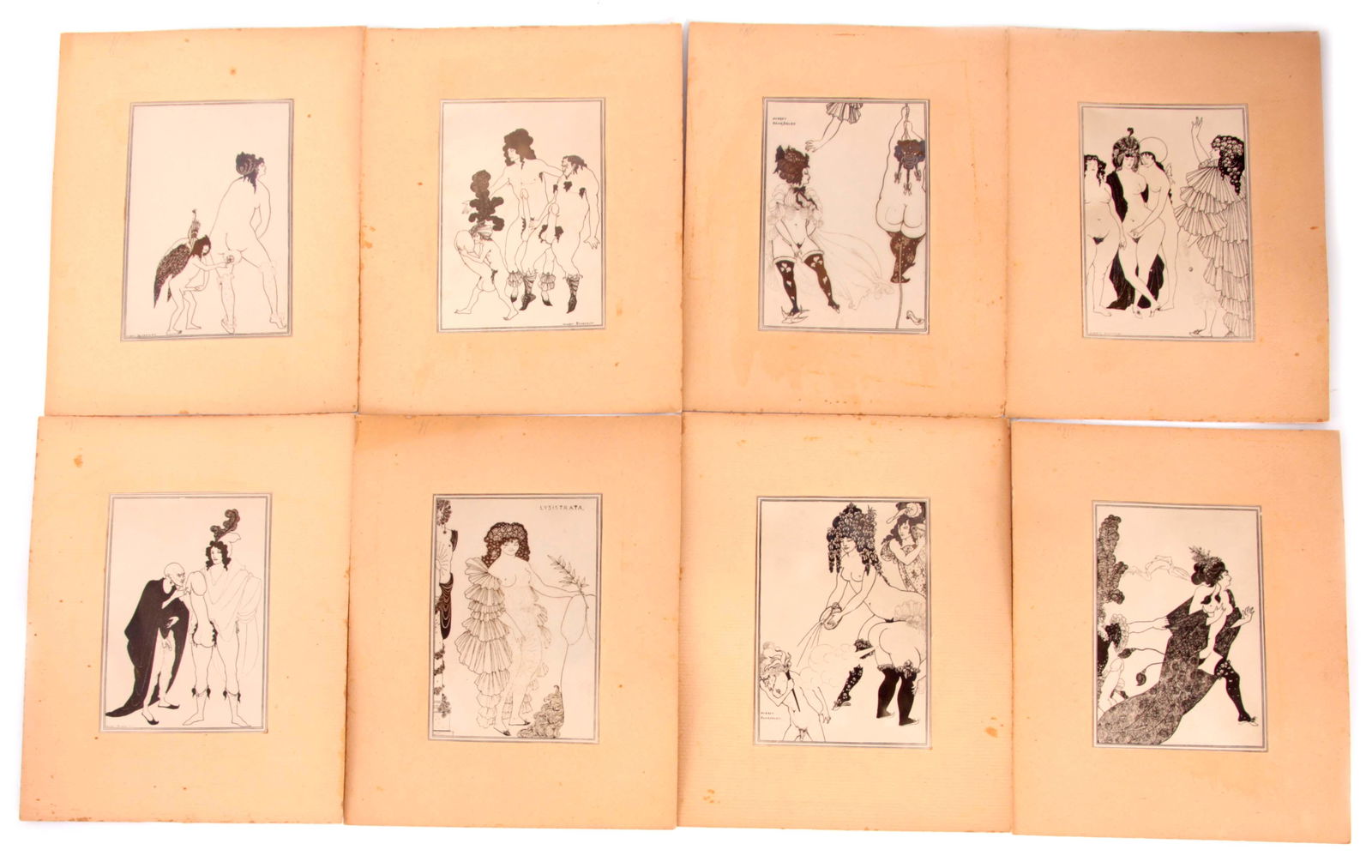 AUBREY BEARDSLEY. A SET OF EIGHT ENGRAVINGS: AUBREY BEARDSLEY. A SET OF EIGHT ENGRAVINGS illustrating Aristophanes' Lysistrata, one of Beardsley's fin-de-siecle erotic masterpiece published by Smithers. Their indecency meant they could not be pu