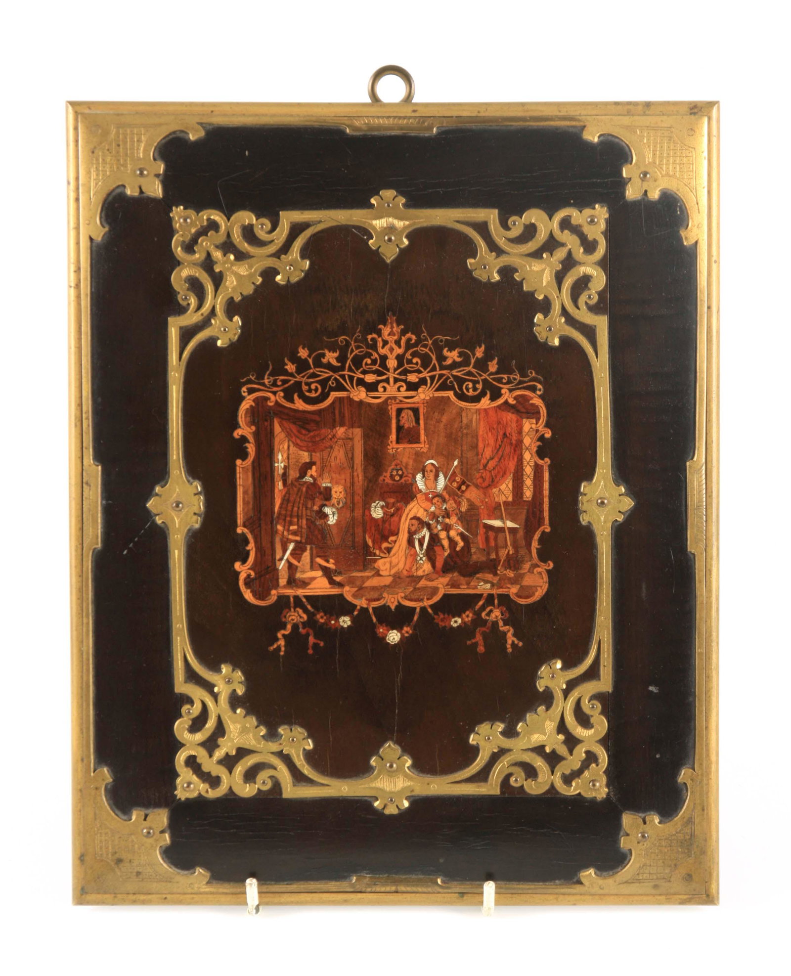 LUIGI PASQUALE (1822-1894) A FINE 19TH CENTURY ITALIAN: LUIGI PASQUALE (1822-1894) A FINE 19TH CENTURY ITALIAN HANGING PLAQUE with finely inlaid centre depicting a figural interior scene, surrounded by engraved ormolu mounts 22cm wide 28cm high.