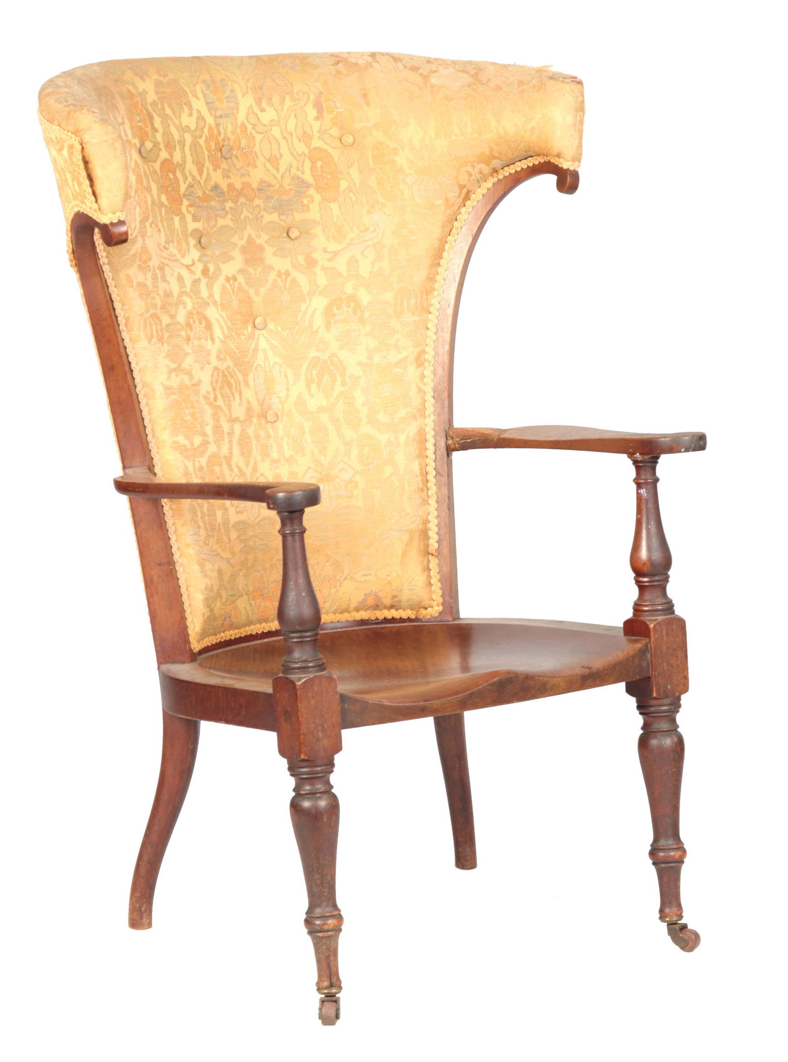AN EARLY 20TH CENTURY LIBERTIES STYLE ARMCHAIR with: AN EARLY 20TH CENTURY LIBERTIES STYLE ARMCHAIR with barrel shaped upholstered back, sweeping open arms and saddle seat; standing on ring tuned legs with casters 75cm wide 106cm high.