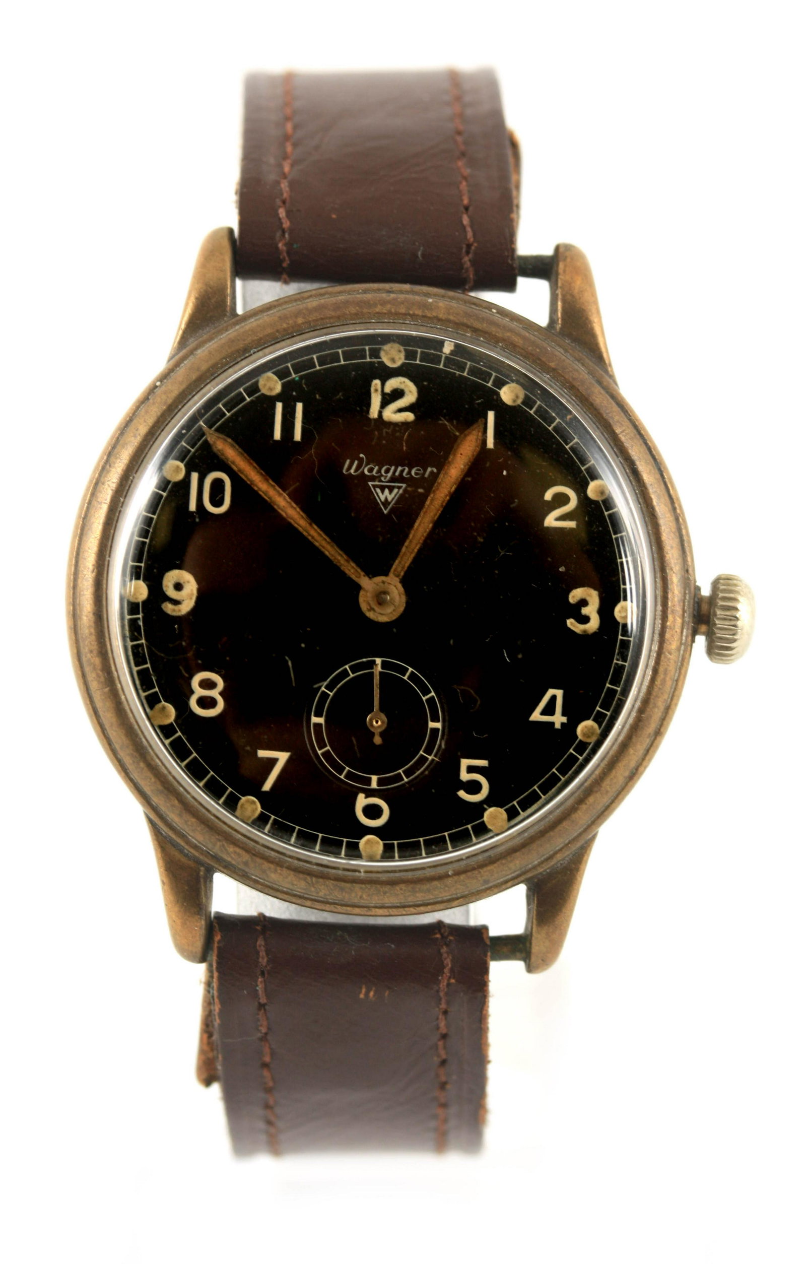 A WAGNER WWII THIRD REICH LUFTWAFFE WRIST WATCH having: A WAGNER WWII THIRD REICH LUFTWAFFE WRIST WATCH having a black dial with Arabic numerals and sunken subsidiary seconds dial fronting a manual wind spring driven movement, 36mm diameter, back of case s