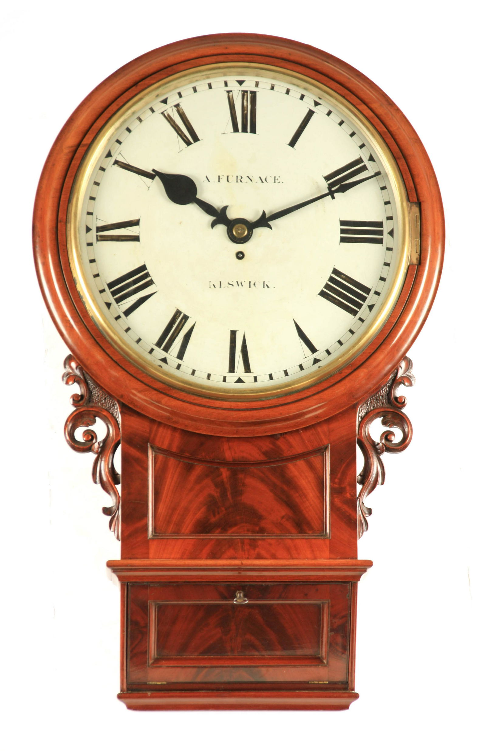 A. FURNACE, KESWICK A FINE QUALITY 19TH CENTURY: A. FURNACE, KESWICK A FINE QUALITY 19TH CENTURY FIGURED MAHOGANY 18" DIAL FUSEE WALL CLOCK OF LARGE PROPORTIONS with moulded surround and glazed brass bezel above a chiselled bottom dropbox with inset