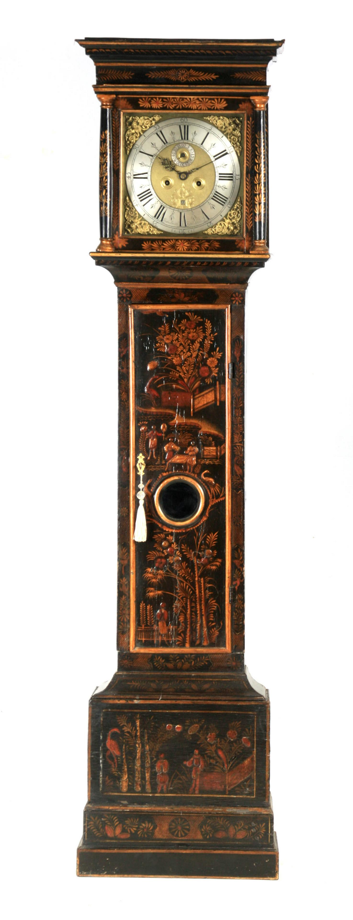 JAMES SMITH, ASPEDENHALL FECIT AN EARLY 18TH CENTURY: JAMES SMITH, ASPEDENHALL FECIT AN EARLY 18TH CENTURY LACQUERED LONGCASE CLOCK the chinoiserie case with raised decoration enclosing a 12" square brass dial with gilt winged cherub head spandrels and s