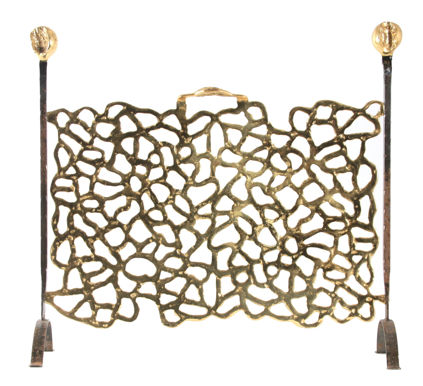 A STYLISH 1960's CAST IRON AND GILT BRONZE FIRE SCREEN (1 of 1)
