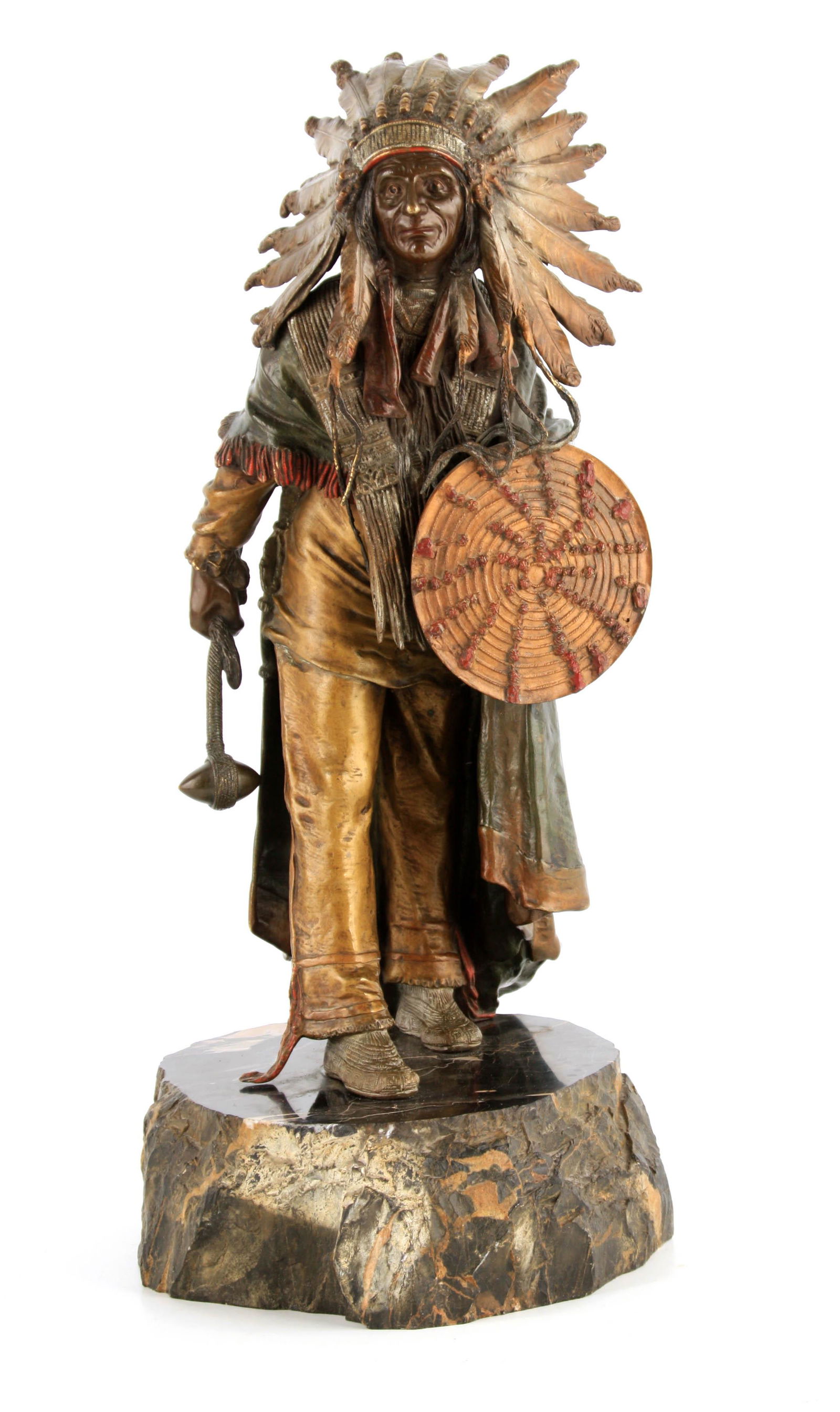 ATT. TO CARL KAUBA A LARGE EARLY 20TH CENTURY AUSTRIAN: ATT. TO CARL KAUBA A LARGE EARLY 20TH CENTURY AUSTRIAN COLD PAINTED BRONZE SCULPTURE modelled as an Indian Chief with shield and mace standing on a portoro marble base, impressed on reverse 'GESCHUTZ'