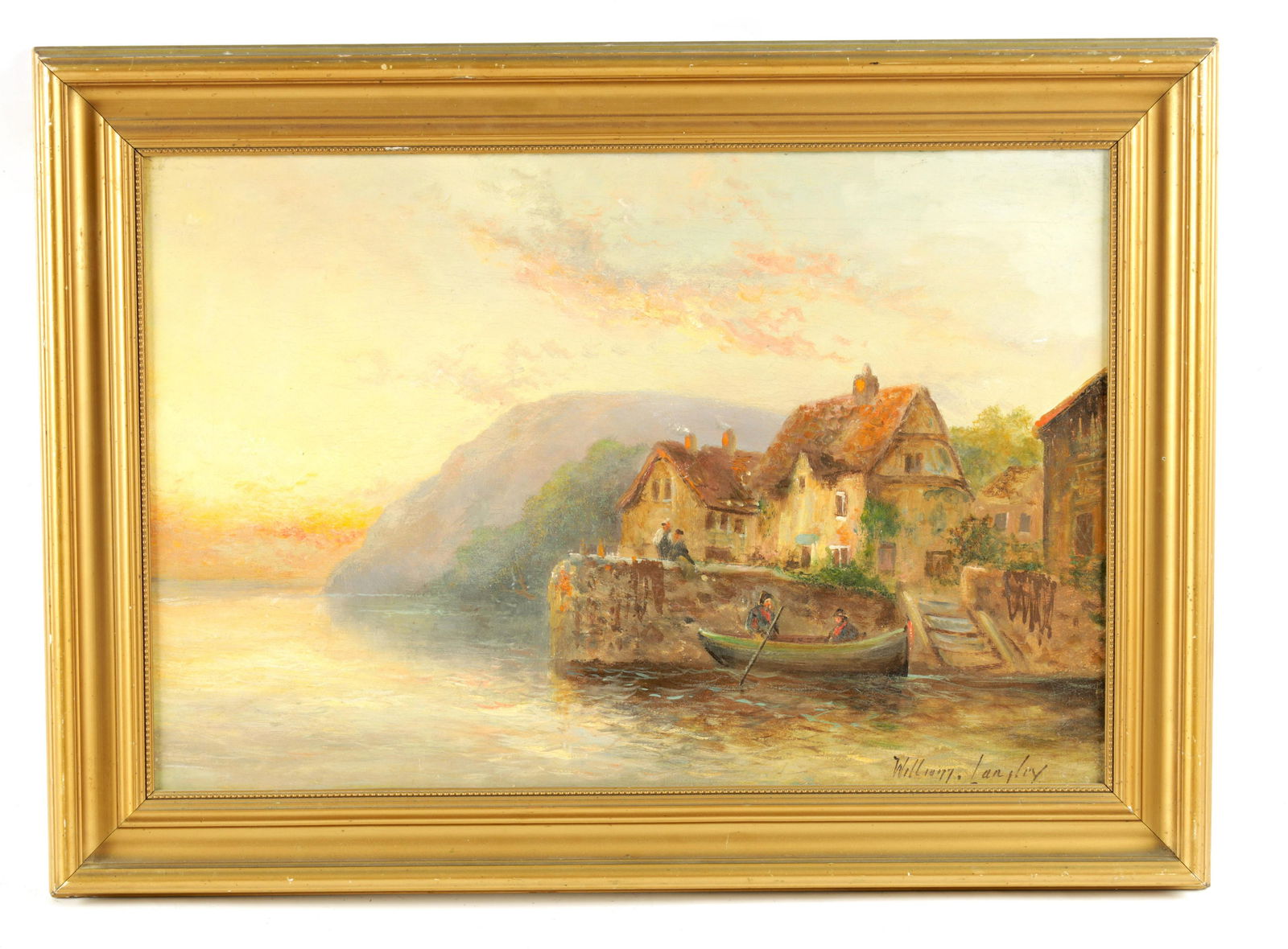 WILLIAM LANGLEY A LATE 19TH CENTURY OIL ON CANVAS: WILLIAM LANGLEY A LATE 19TH CENTURY OIL ON CANVAS depicting a lake scene with fishermen in the foreground - signed 40cm high 60cm wide, in gilt frame