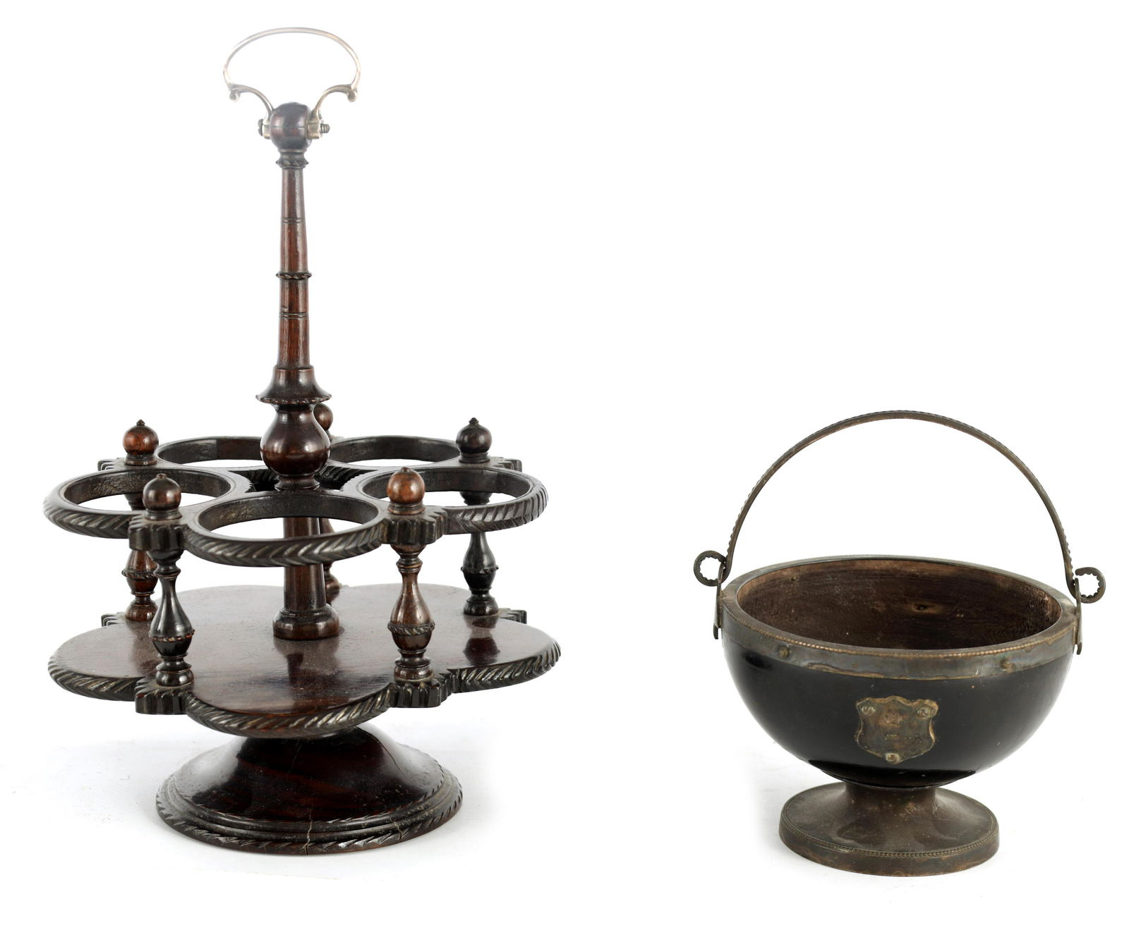 A LATE GEORGIAN ROSEWOOD REVOLVING FIVE BOTTLE TAB: A LATE GEORGIAN ROSEWOOD REVOLVING FIVE BOTTLE TABLE CRUET STAND with circular carved edge foot, trays and turned baluster gallery; on a tapering turned stem with axe drop handle 27cm high TOGETHER WI