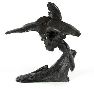 MAXIMILIEN LOUIS FIOT (1886 - 1953) AN EARLY 20TH: MAXIMILIEN LOUIS FIOT (1886 - 1953) AN EARLY 20TH CENTURY FRENCH BRONZE SCULPTURE Birds of Prey on a stumpwork base - dark green patination signed and inscribed to reverse (31.5cm across 47cm high)