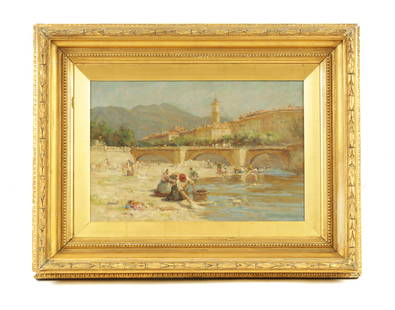 JOHN TERRICK WILLIAMS, 1860-1936. A LATE 19TH CENTURY: JOHN TERRICK WILLIAMS, 1860-1936. A LATE 19TH CENTURY IMPRESSIONIST OIL ON CANVAS ENTITLED 'THE WASHERWOMAN AT NICE' - signed and dated 1895, mounted in gilt swept frame (29.5cm high 45cm wide.)