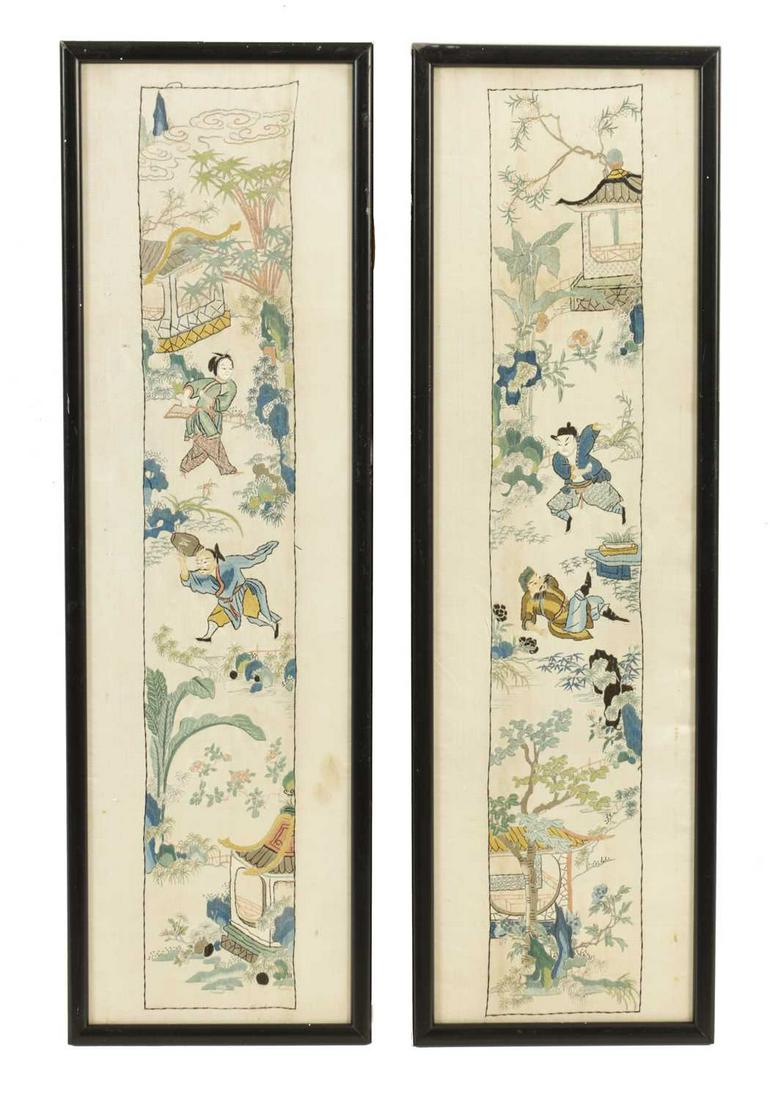 A PAIR OF 19TH CENTURY SILK EMBROIDERED PANELS (1 of 3)
