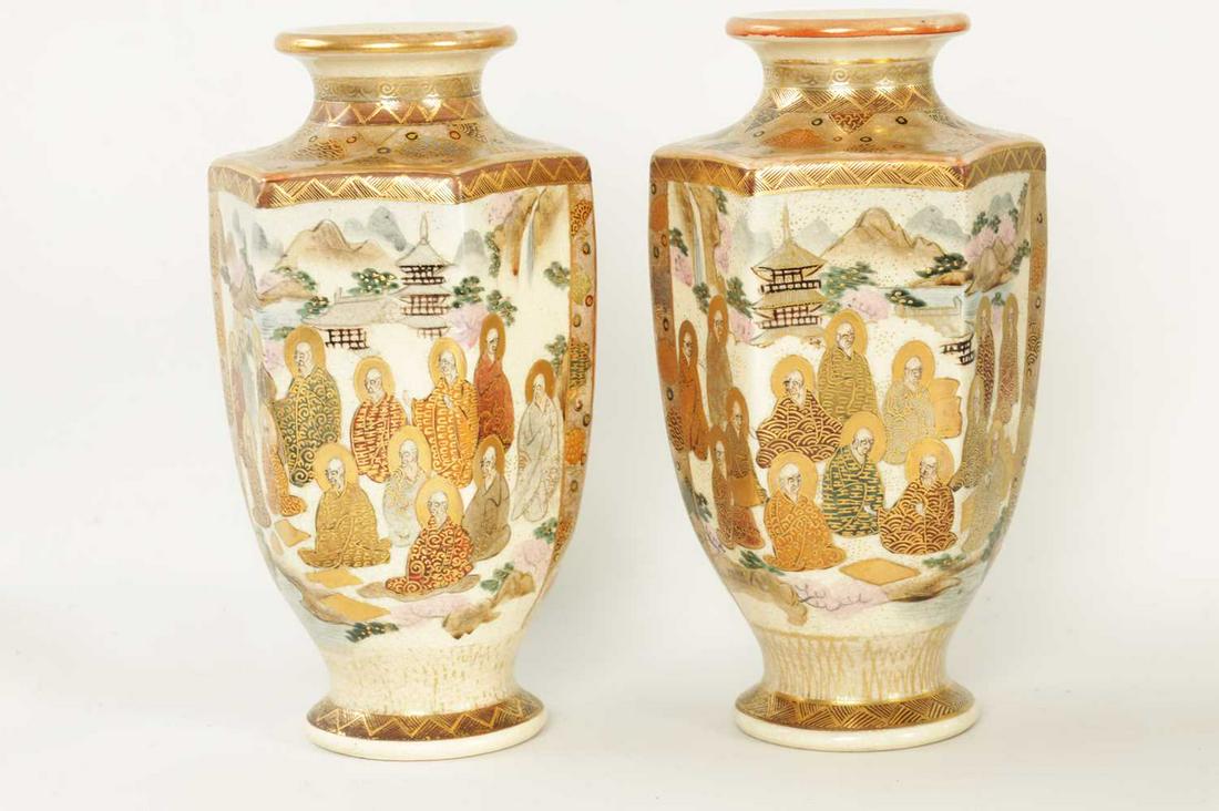 A PAIR OF MEIJI PERIOD FOOTED HEXAGONAL BALUSTER SATSUMA VASES (1 of 4)