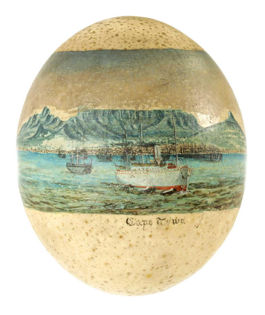 A LATE 19TH CENTURY AFRICAN HAND-PAINTED OSTRICH EGG painted with a scene of Cape Town. (1 of 1)