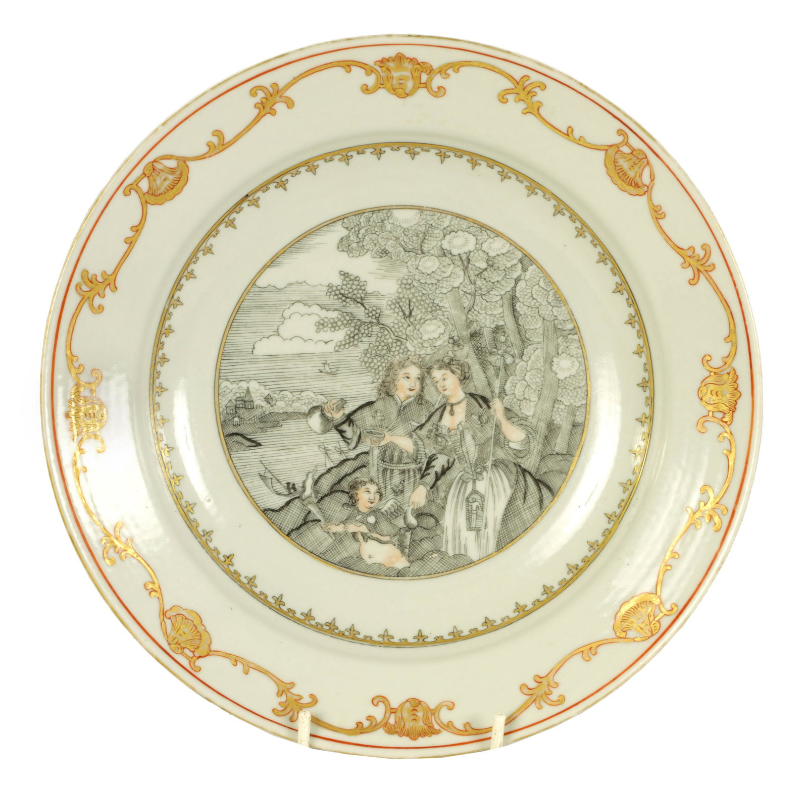 A MID 18TH CENTURY CHINESE EXPORT PORCELAIN PLATE PAINTED EN GRISAILLE WITH EUROPEAN FIGURAL SCENE (1 of 6)