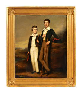 ATTRIBUTED TO ANDREW GEDDES (1783-1844) 19TH CENTURY OIL ON CANVAS - FULL-LENGTH PORTRAIT OF TWO: ATTRIBUTED TO ANDREW GEDDES (British, 1783-1844) 19TH CENTURY SCOTTISH OIL ON CANVAS - FULL-LENGTH PORTRAIT OF TWO BOYS depicting brothers on a moorland with fishing rod and tackle, signed in pencil o