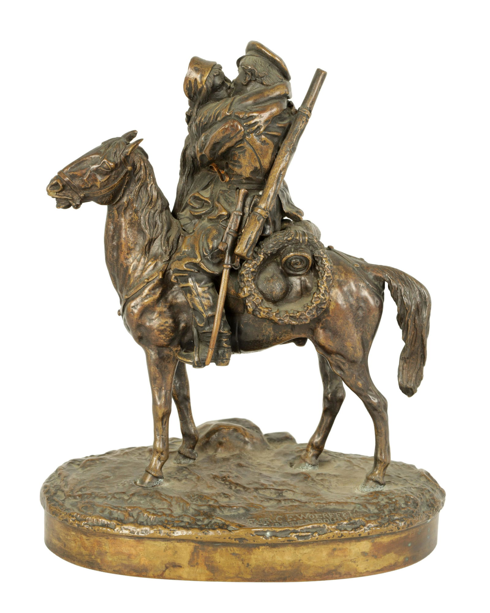 A LATE 19TH CENTURY RUSSIAN BRONZE FIGURE GROUP “THE FAREWELL KISS”: A LATE 19TH CENTURY RUSSIAN BRONZE FIGURE GROUP “THE FAREWELL KISS” CAST BY WOERFFEL, ST PETERSBURG, AFTER THE MODEL BY VASILY GRACHEV (1831-1905) and 1877 foundry stamp - signed to reserv