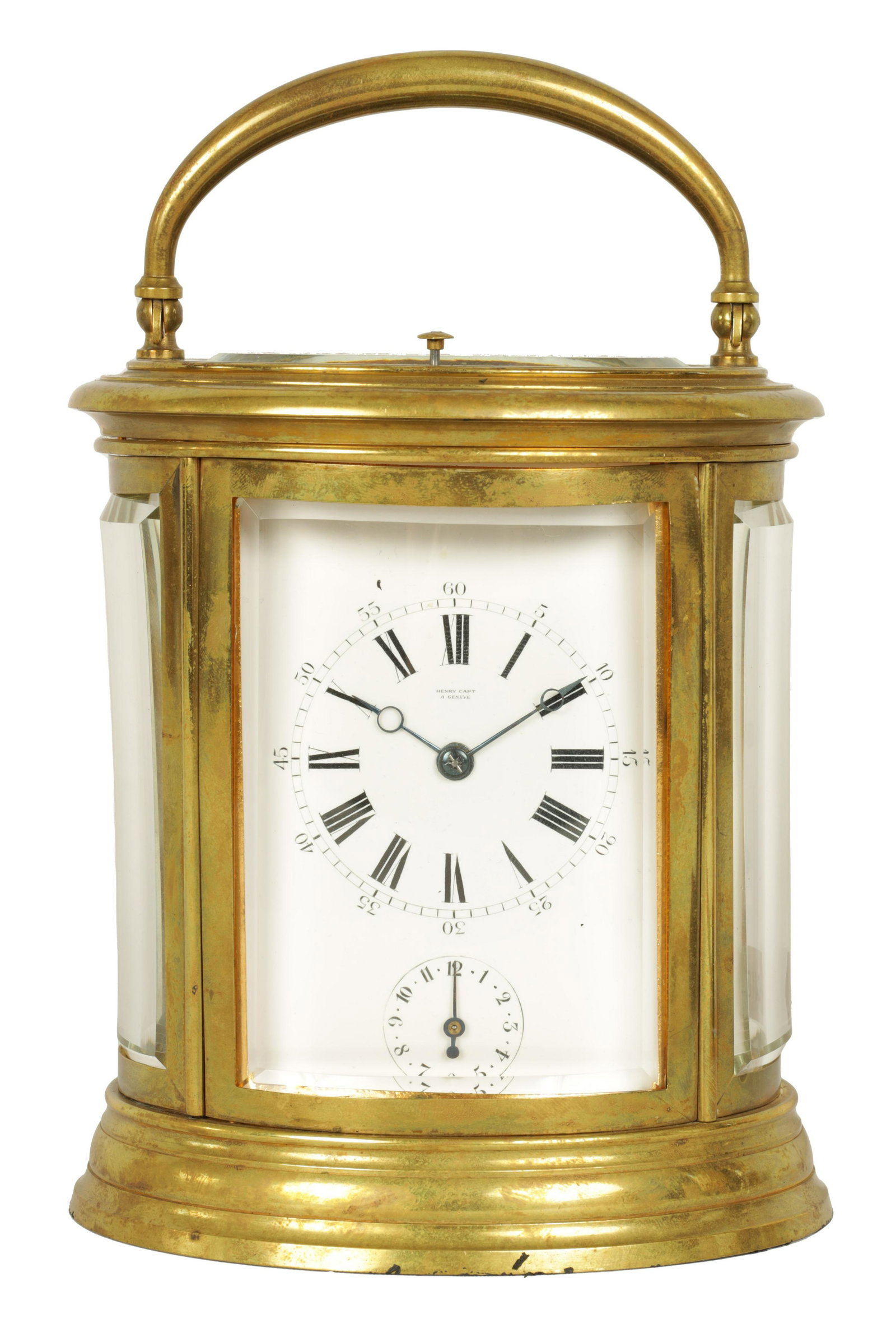 DROCOURT. A 19TH CENTURY FRENCH OVAL CASED GRAND SONNERIE REPEATING CARRIAGE CLOCK: DROCOURT. A 19TH CENTURY FRENCH OVAL CASED GRAND SONNERIE REPEATING CARRIAGE CLOCK the moulded brass case with bevelled glass panels enclosing an enamel dial with Roman and Arabic chapter ring above a