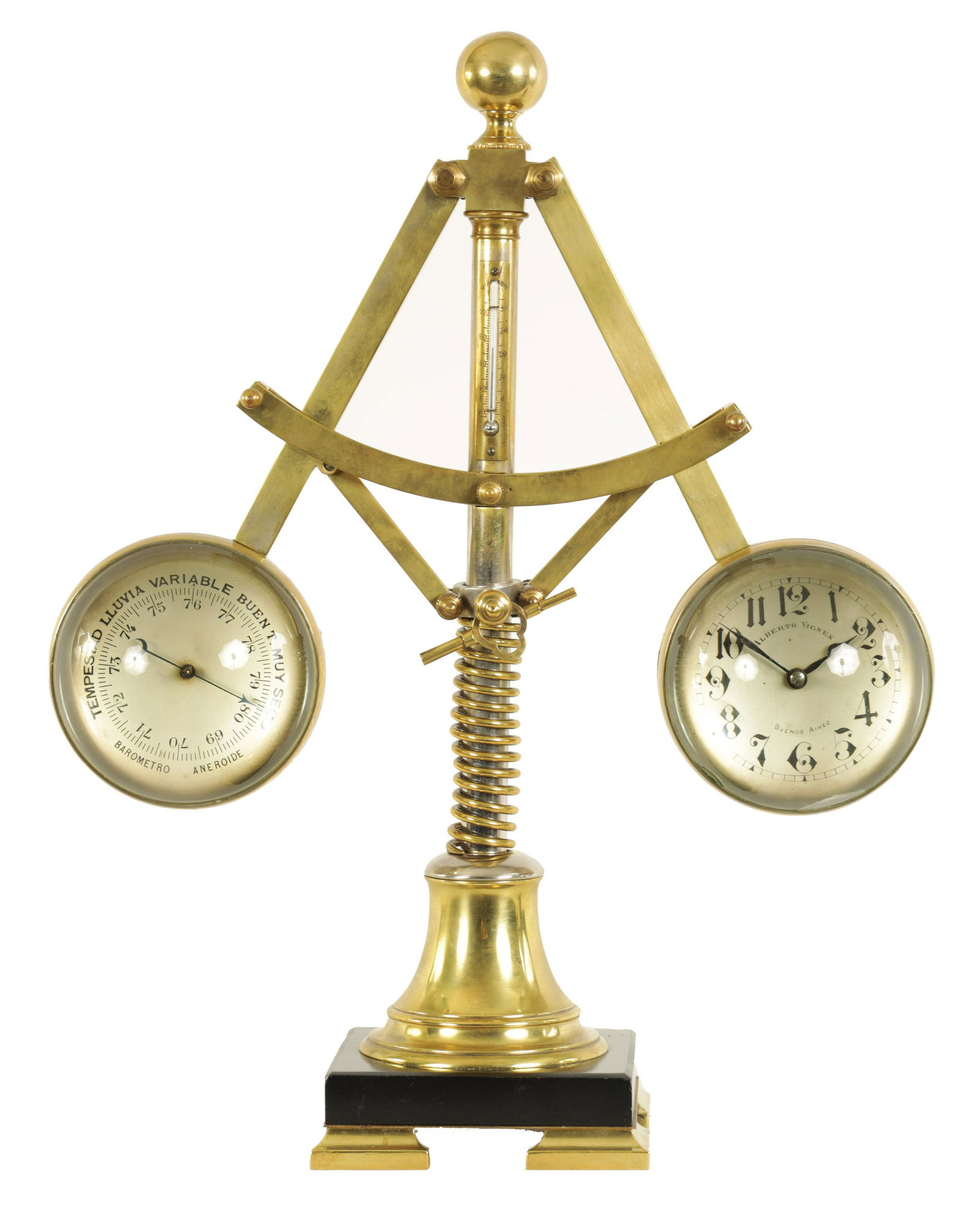 A LARGE LATE 19TH CENTURY FRENCH INDUSTRIAL CENTRIFUGAL GOVERNOR CLOCK BAROMETER: A LARGE LATE 19TH CENTURY FRENCH INDUSTRIAL CENTRIFUGAL GOVERNOR CLOCK BAROMETER the brass, silvered and gilt frame with calibrated thermometer dial to the centre flanked by an aneroid barometer and a