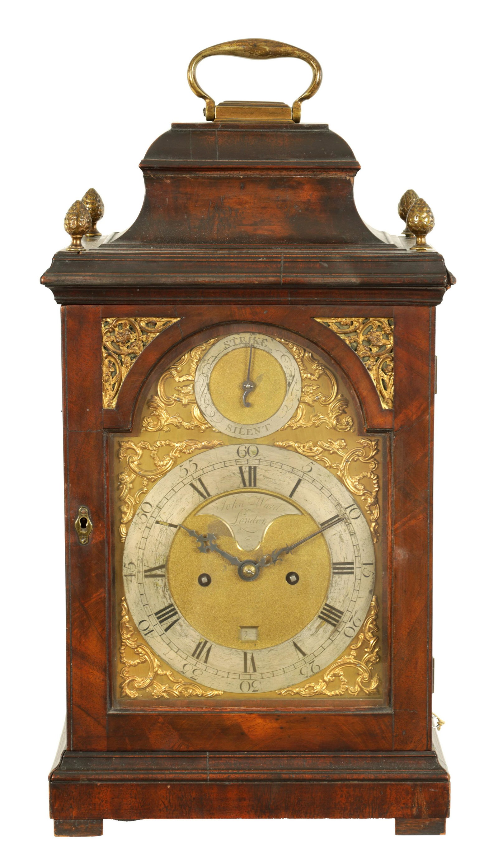 JOHN WARD, LONDON. A GEORGE III BELL-TOP MAHOGANY EIGHT-DAY VERGE BRACKET CLOCK: JOHN WARD, LONDON. A GEORGE III BELL-TOP MAHOGANY EIGHT-DAY VERGE BRACKET CLOCK the 7" arched brass dial with brass rococo spandrels, silvered Roman chapter ring enclosing a date aperature beneath a s