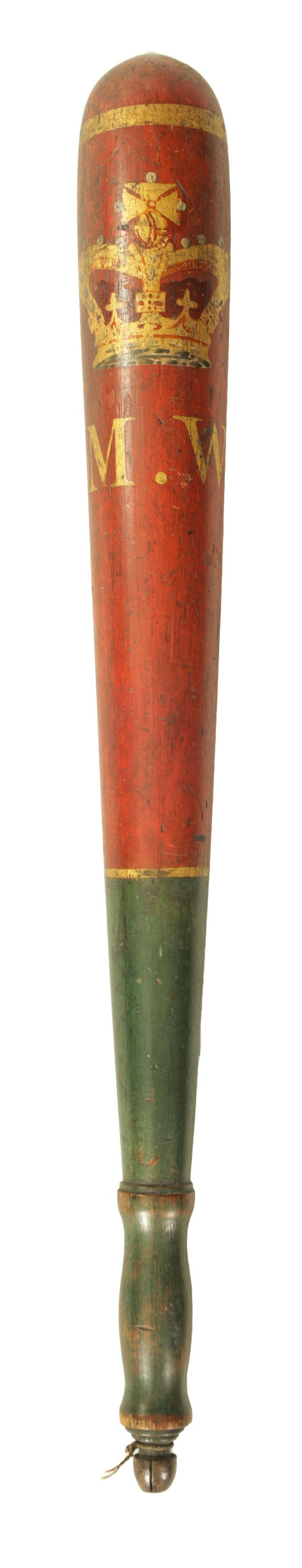 A LARGE 19TH CENTURY POLYCHROME PAINTED TURNED WOOD TRUNCHEON (1 of 4)