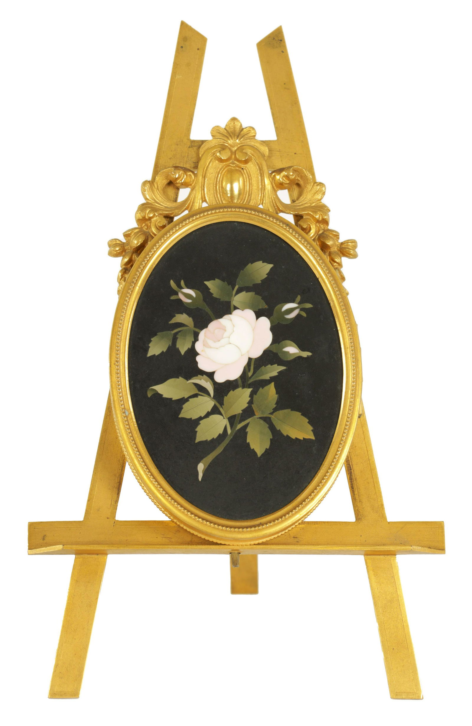 A LATE 19TH CENTURY GILT BRASS PIETRA DURA EASEL PHOTO FRAME RETAILED BY E. SCOTI FIRENZE NO. 226 (1 of 5)