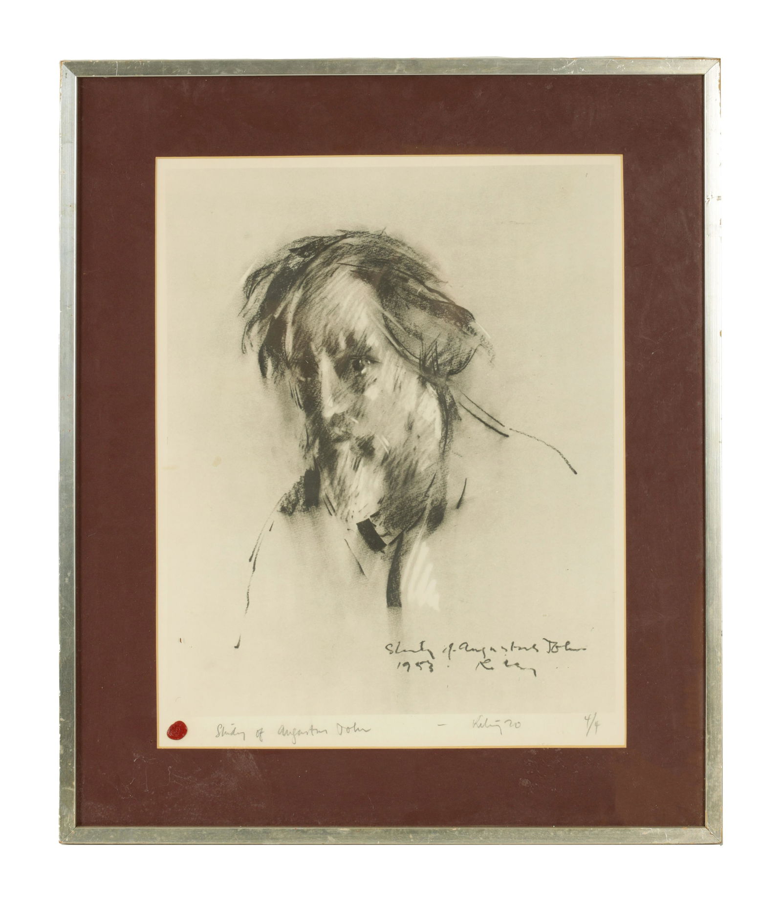 ARR HAROLD RILEY b. 1934. A RARE SIGNED LIMITED EDITION PRINT: HAROLD RILEY b. 1934. A RARE SIGNED LIMITED EDITION PRINT, Study of Augustus John - signed and titled in pencil with red wax seal, no 4/4