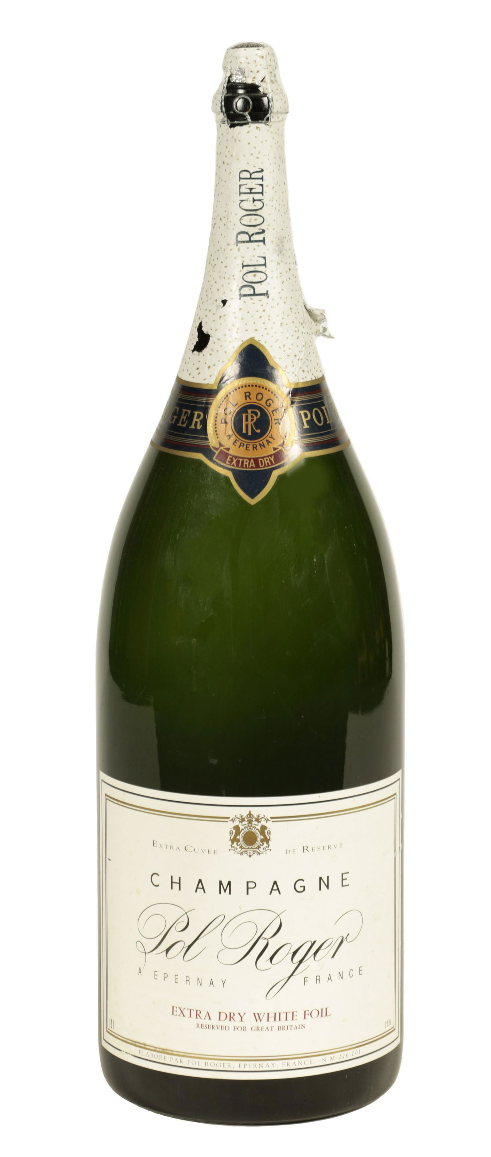 A LARGE BALTHAZAR BOTTLE OF POL ROGER CHAMPAGNE: A LARGE BALTHAZAR BOTTLE OF POL ROGER CHAMPAGNE now empty. (74cm high)