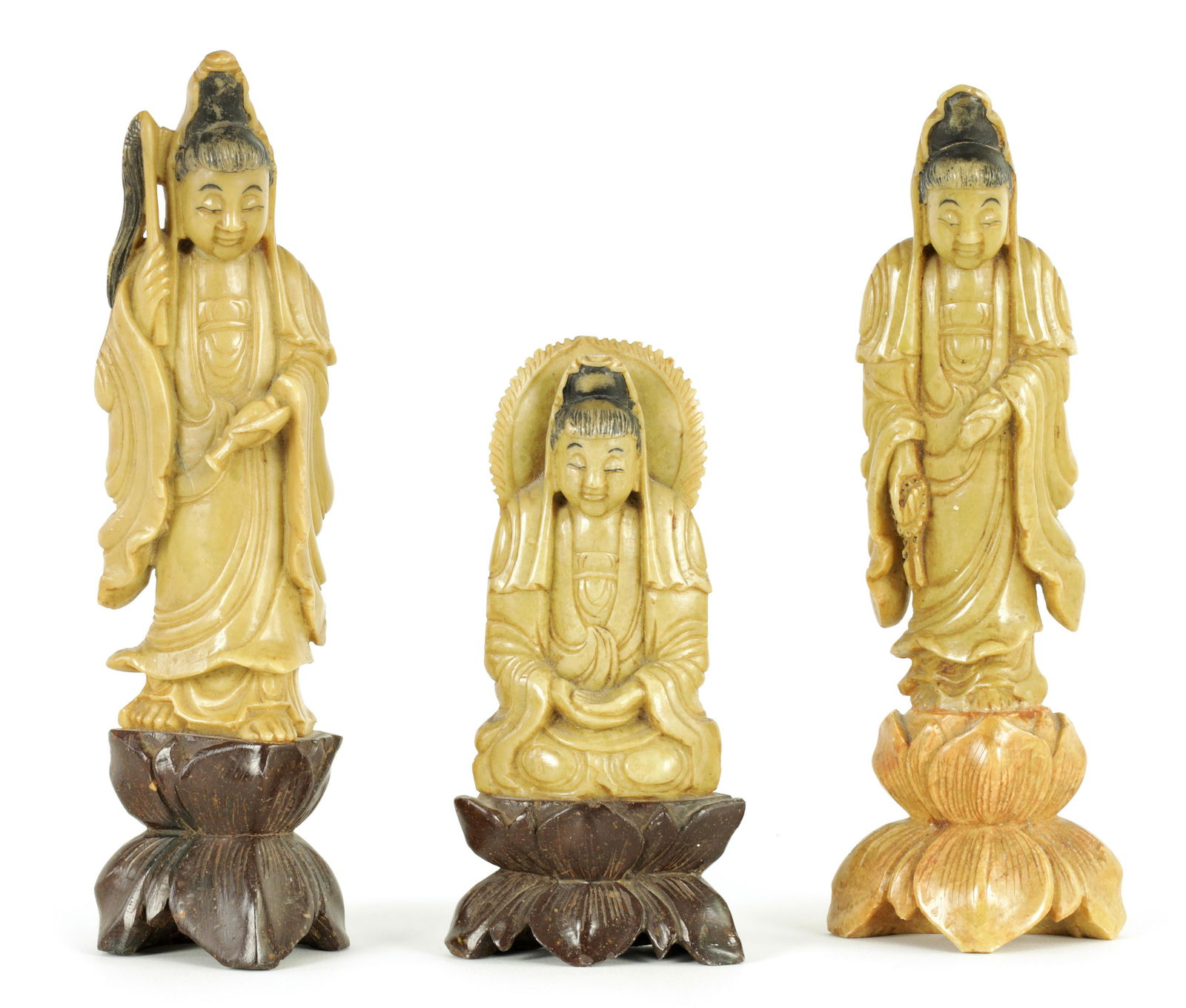THREE LATE 19TH CENTURY CHINESE CARVED SOAPSTONE FIGURES (1 of 9)