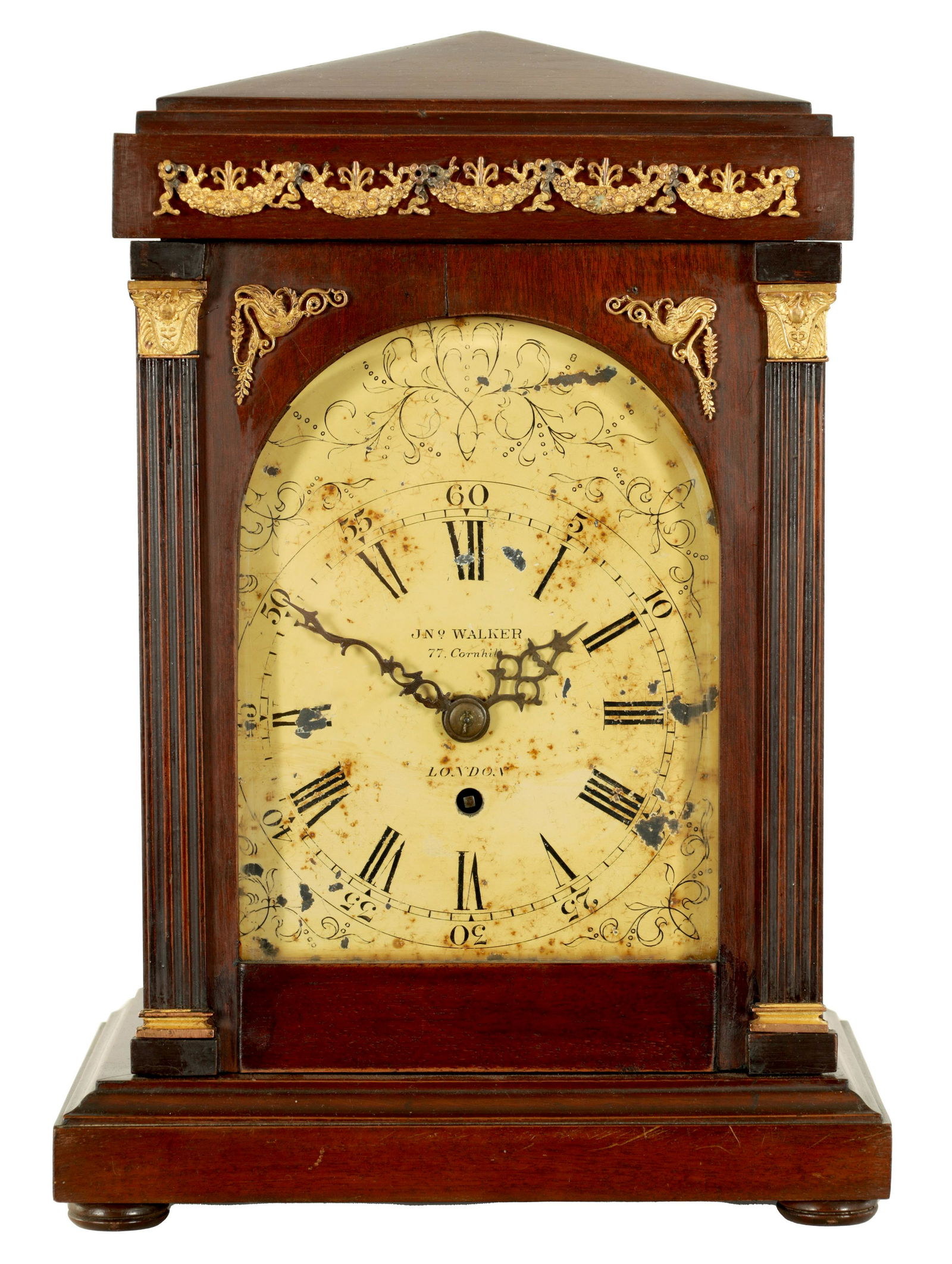 JOHN WALKER, LONDON. A 19TH CENTURY AND LATER FUSEE BRACKET CLOCK: JOHN WALKER, LONDON. A 19TH CENTURY AND LATER FUSEE BRACKET CLOCK the later ormolu mounted mahogany case with reeded columns enclosing a 6.5" painted dial fronting an eight-day single fusee movement