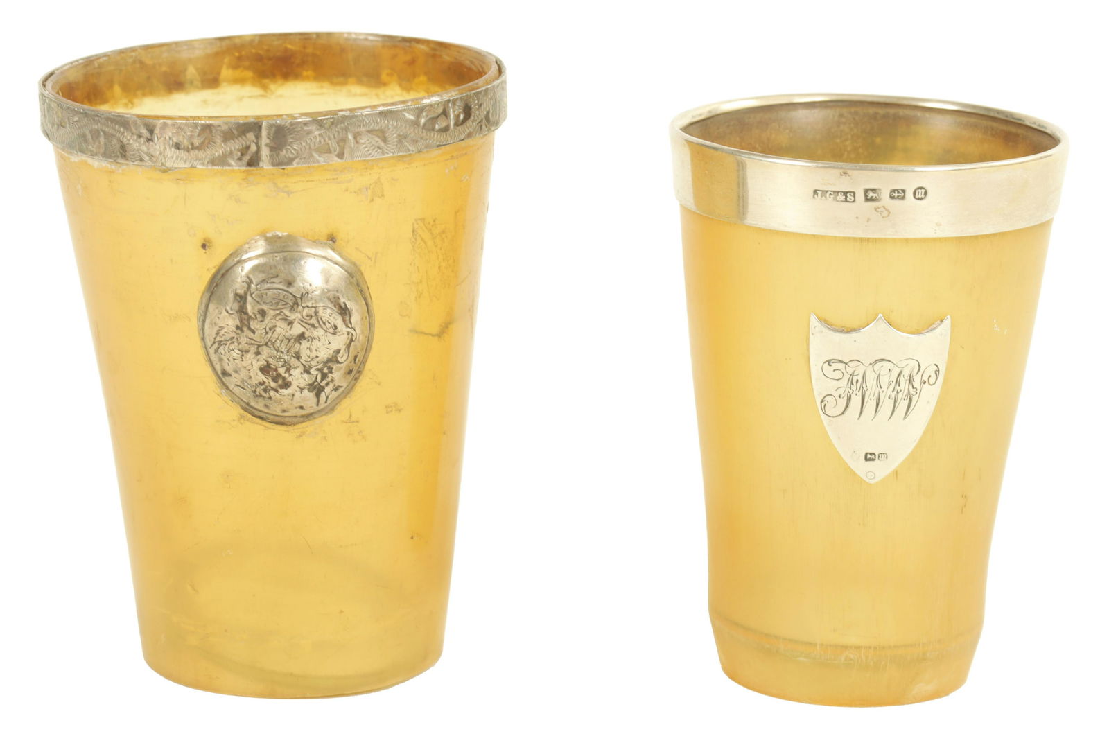 TWO 19TH CENTURY SILVER RIMMED HORN BEAKERS (1 of 5)