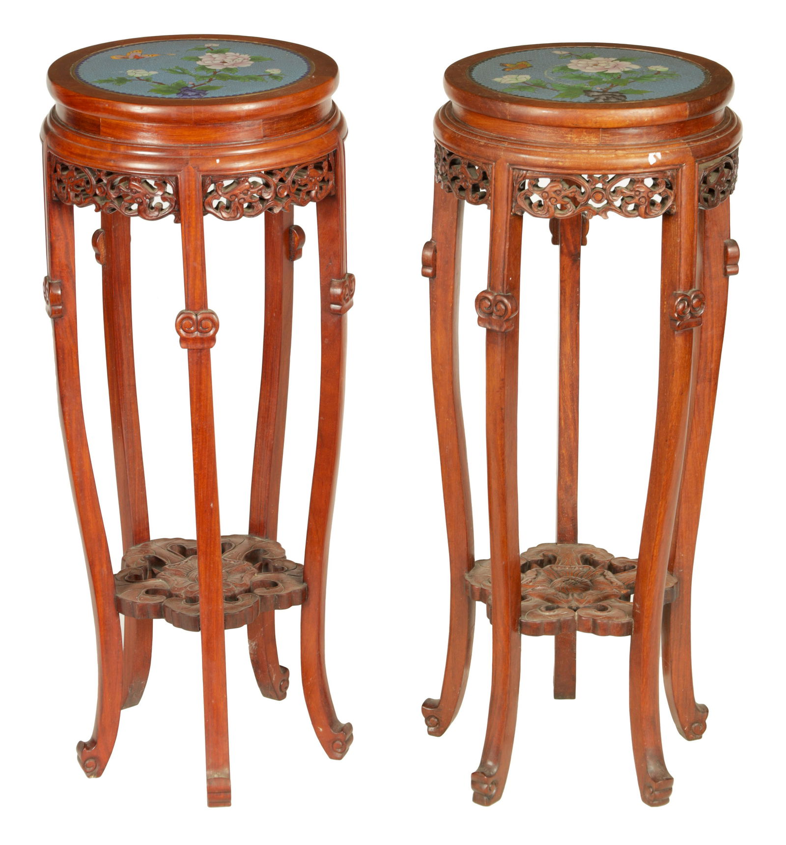 A PAIR OF LATE 19TH/EARLY 20TH CENTURY HARDWOOD CHINESE JARDINIERE STANDS WITH CLOISONNƒ ENAMEL TOPS (1 of 12)