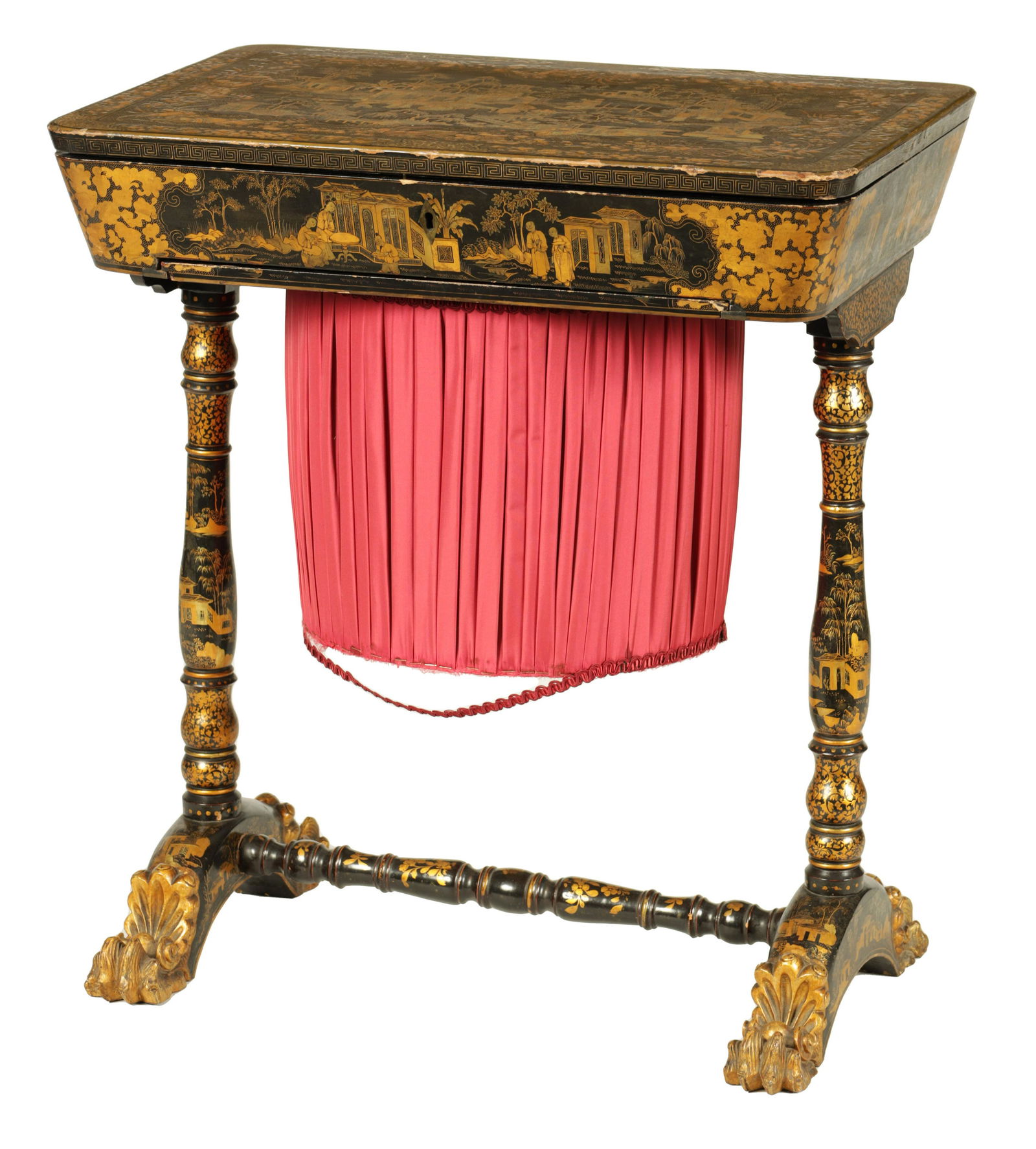 A 19TH CENTURY CHINESE EXPORT BLACK LACQUER WORK SEWING TABLE (1 of 15)