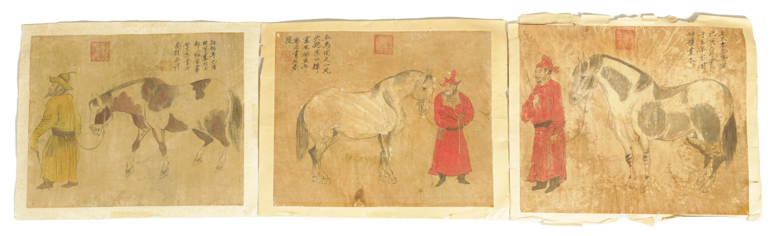 A SET OF THREE 19TH CENTURY CHINESE WATERCOLOURS: A SET OF THREE 19TH CENTURY CHINESE WATERCOLOURS depicting figures with horses, having Chinese script and seal marks - unframed. (39cm high 49cm wide)