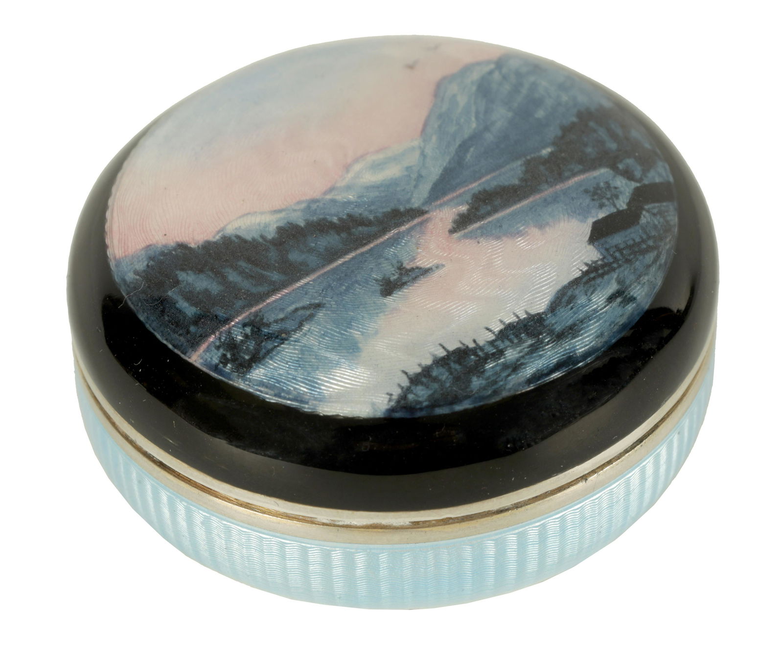 A LATE 19TH CENTURY/EARLY 20TH CENTURY SILVER AND GUILLOCHE ENAMEL CIRCULAR PILL BOX (1 of 6)