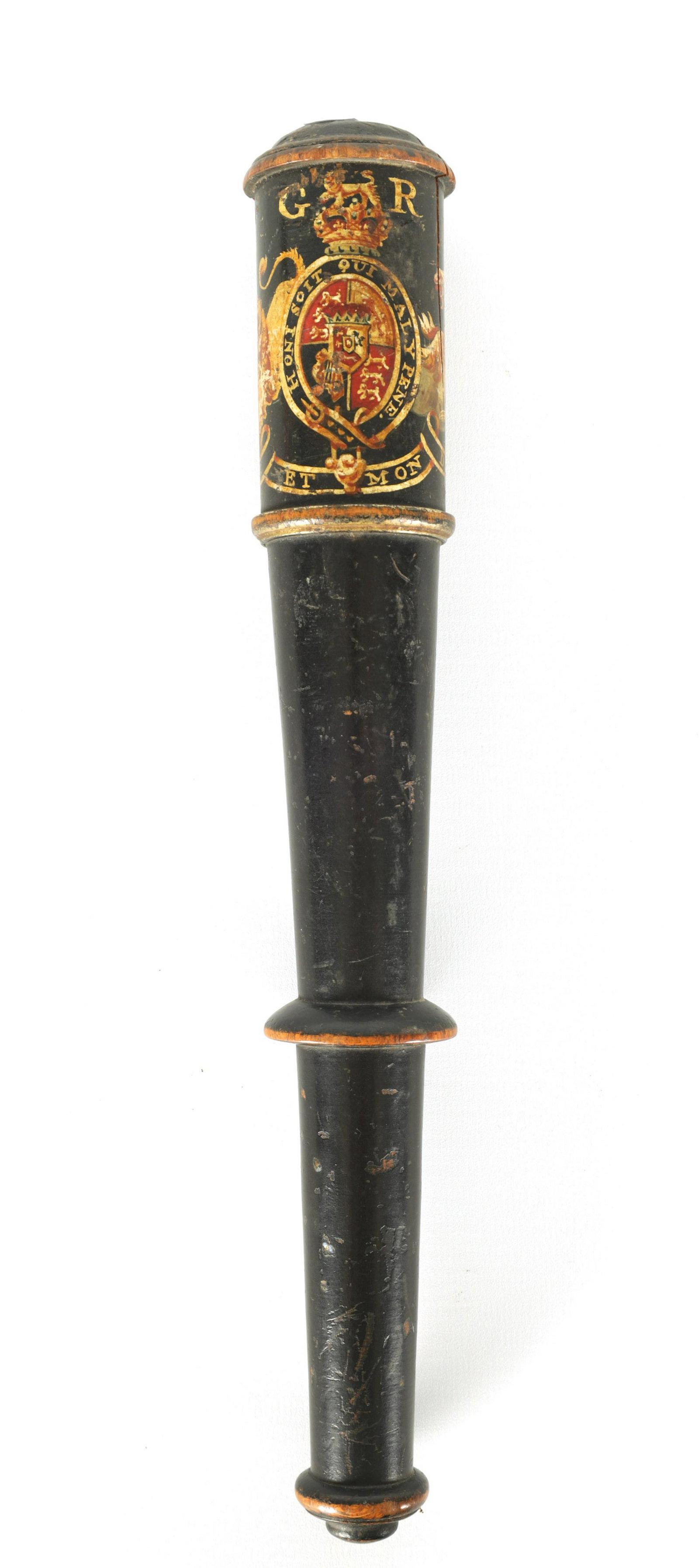 A GEORGE III EBONISED MILITARY OFFICER'S TRUNCHEON DATED 1812: A GEORGE III EBONISED MILITARY OFFICER'S TRUNCHEON DATED 1812 bearing the Royal Coat of Arms for George III above a ringed turned tapering shaft. (30.5cm long)
