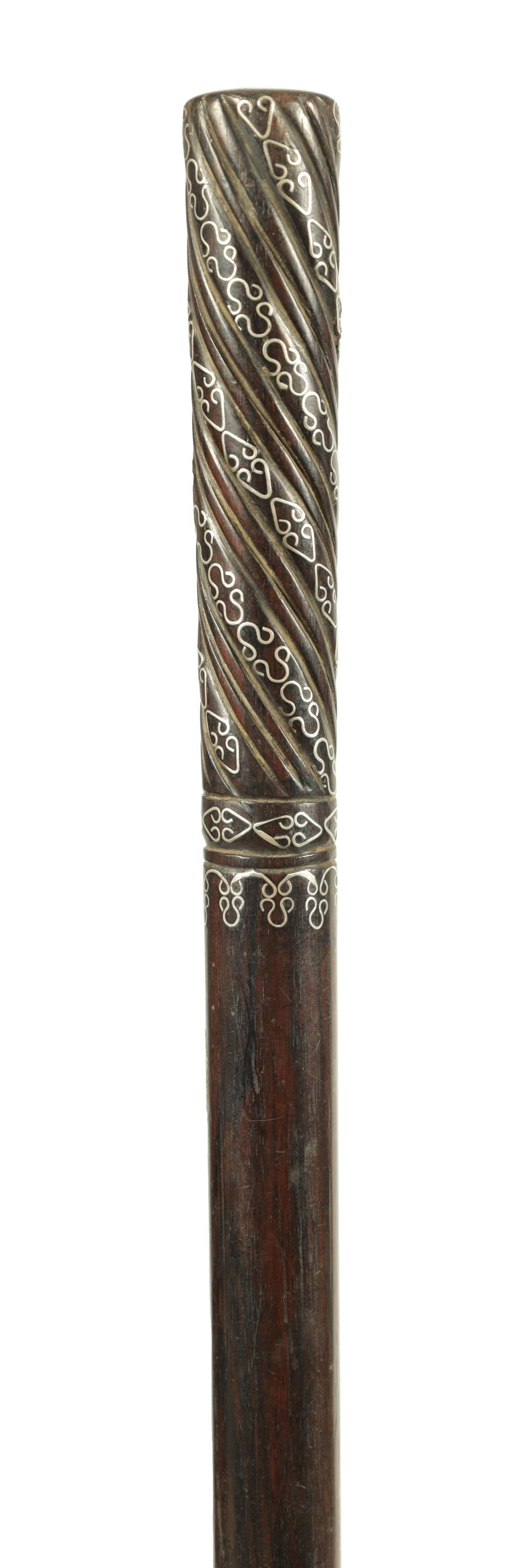 A LATE 19TH CENTURY FRENCH ROSEWOOD AND SILVER PIQUEWORK WALKING CANE (1 of 3)