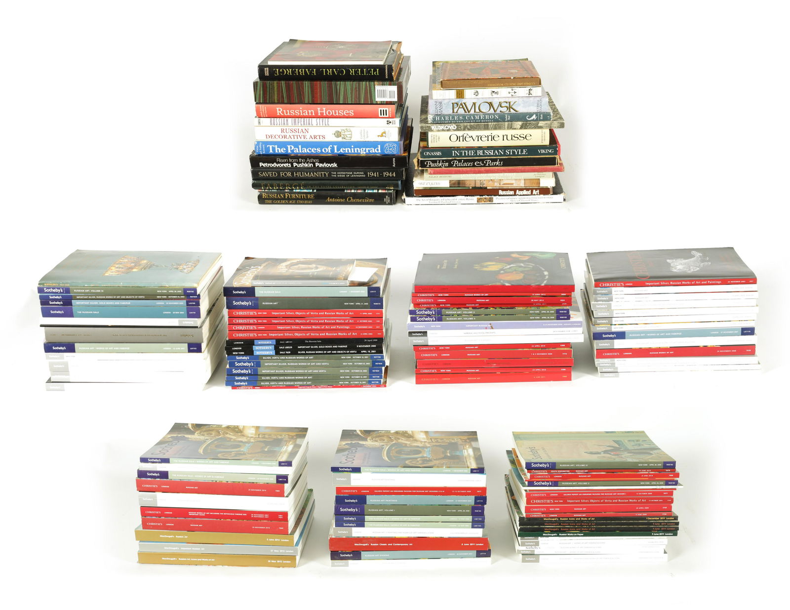 LARGE COLLECTION OF RUSSIAN ANTIQUE COLLECTORS BOOKS: LARGE COLLECTION OF RUSSIAN ANTIQUE COLLECTORS BOOKS - comprising of Russian Decorative Arts, Peter Carl Faberge, Russian Furniture The Golden Age 1780-1840, Pushkin Palaces and Parks, The Palaces of