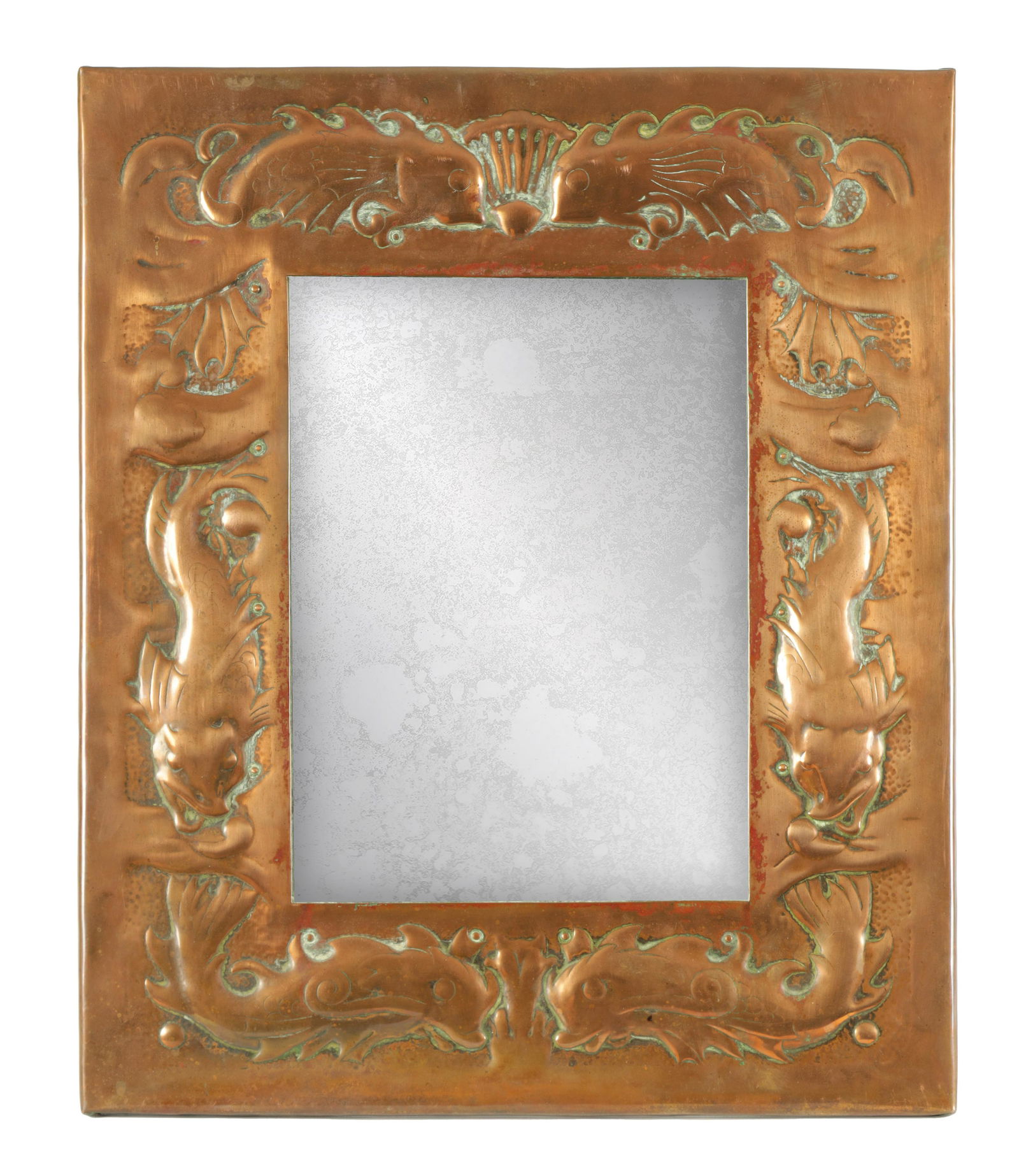 AN ARTS AND CRAFTS NEWLYN SCHOOL STYLE COPPER FRAMED MIRROR: AN ARTS AND CRAFTS NEWLYN SCHOOL STYLE COPPER FRAMED MIRROR probably by John Pearson, of rectangular form decorated with embossed stylised fish, wooden easel back (49cm high 41cm wide)