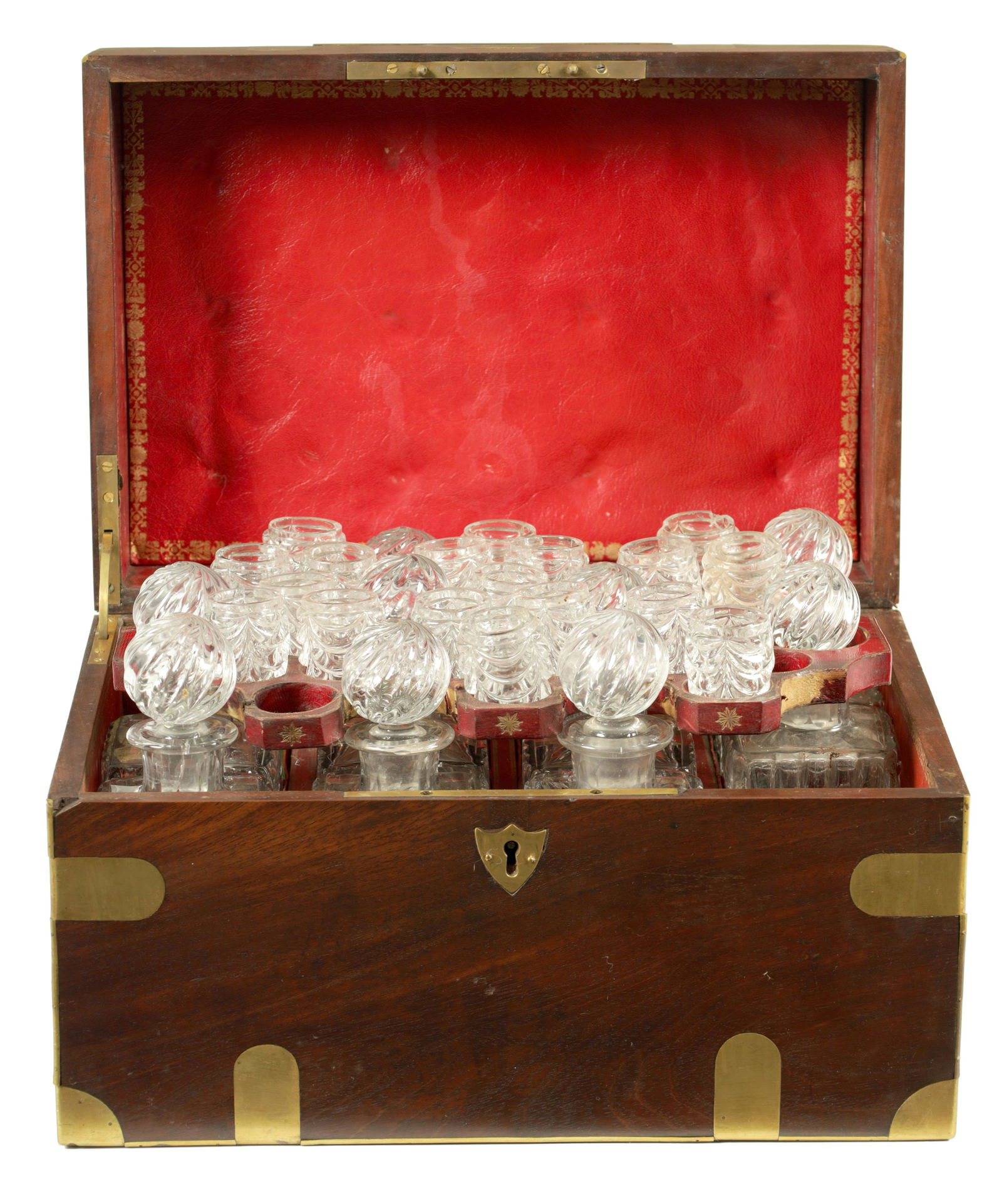 A GEORGE III BRASS BOUND MAHOGANY CAMPAIGN DECANTER SET (1 of 8)