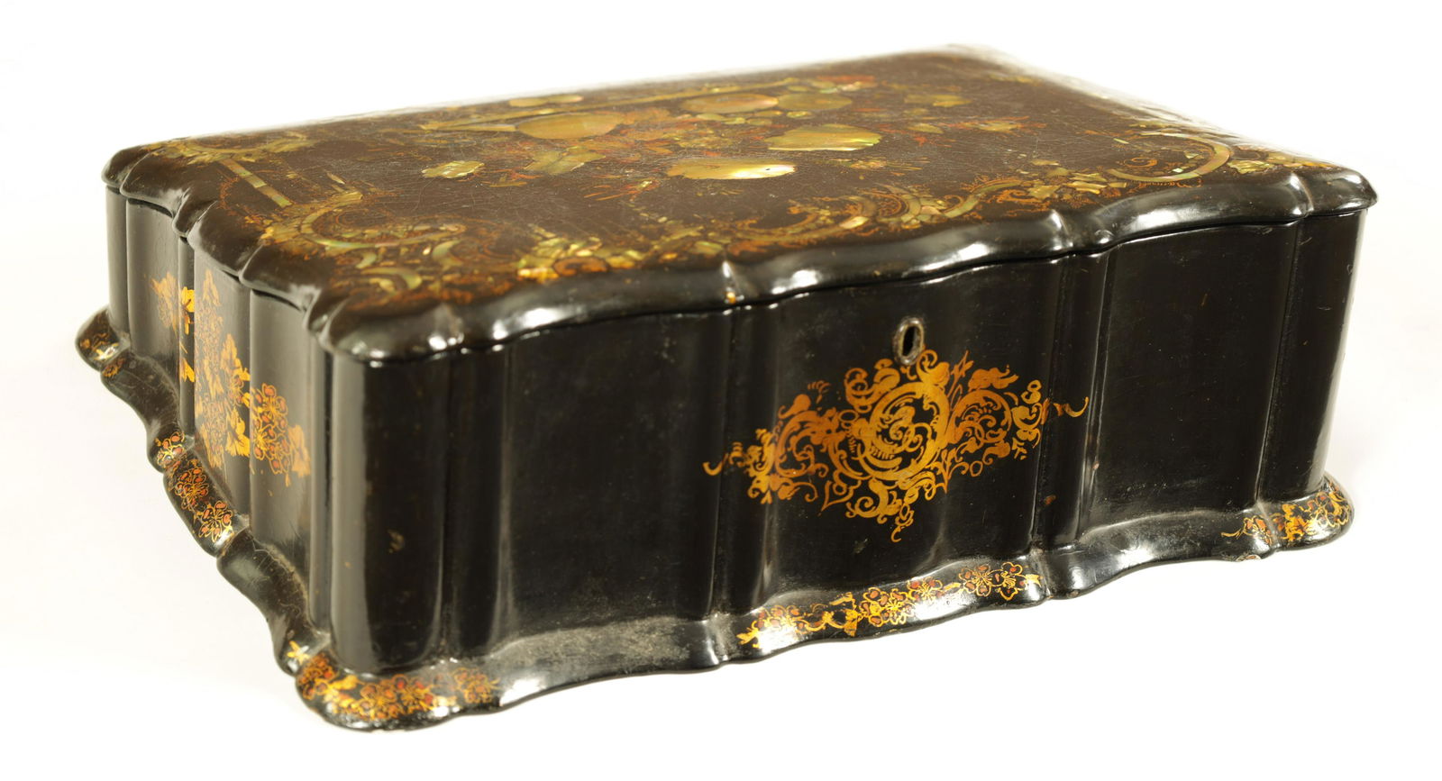 A 19TH CENTURY PAPIER MACHE AND MOTHER OF PEARL INLAID WRITING BOX (1 of 13)