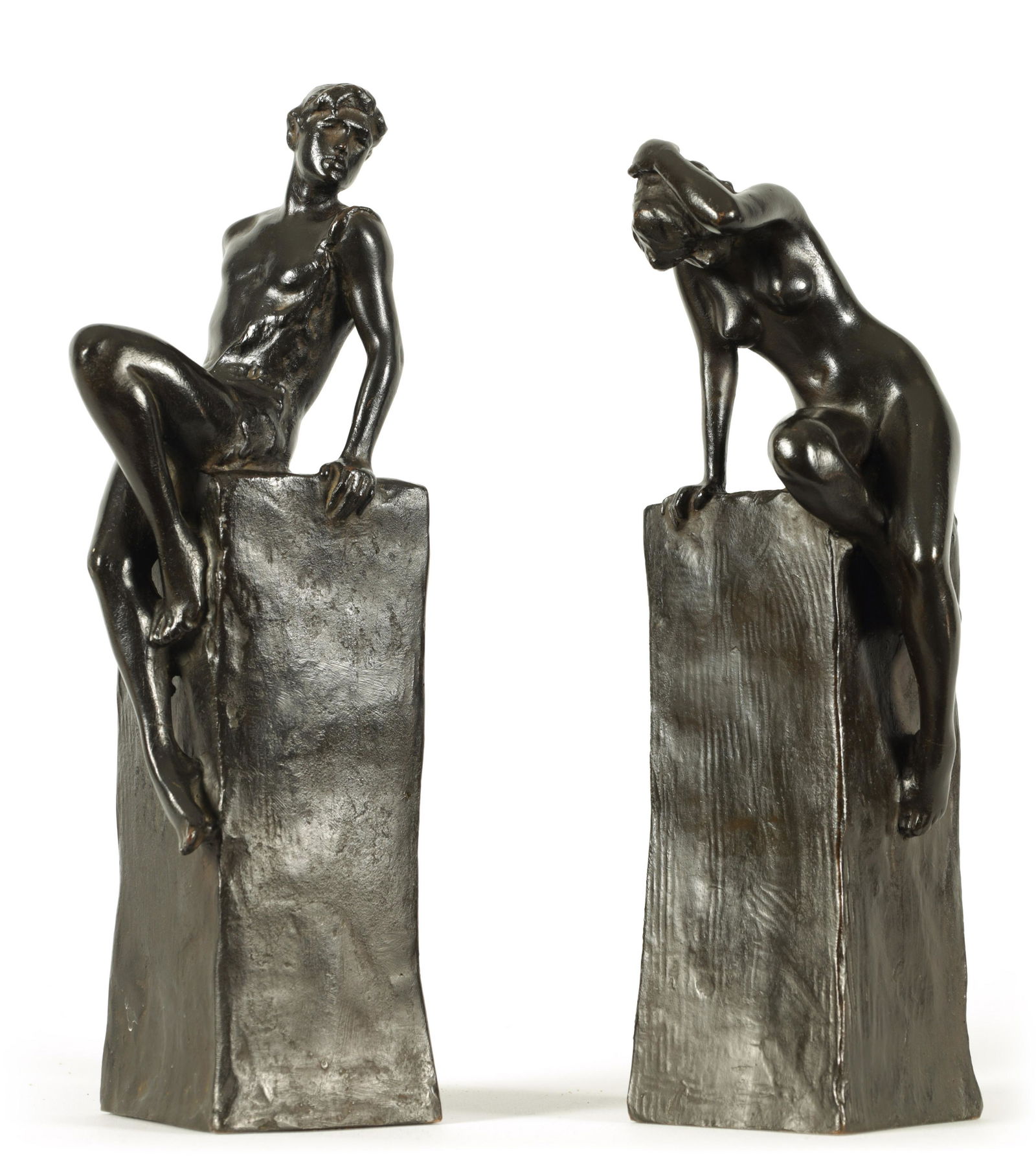 CLIO HINTON HUNEKAR (AMERICAN 1870 - 1925) A STYLISH PAIR OF ART NOVEAU STYLE BRONZE FIGURAL (1 of 10)