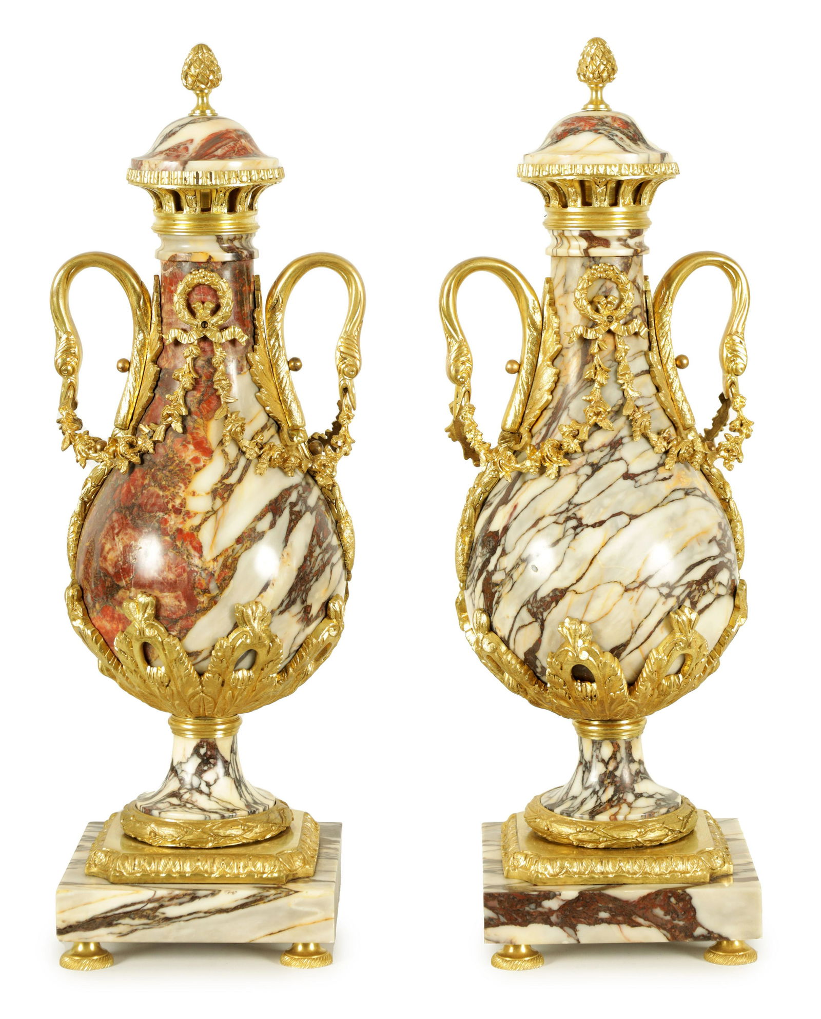A LARGE PAIR OF LATE 19TH CENTURY ORMOLU MOUNTED ROUGE MARBLE CASSOLETTES (1 of 7)
